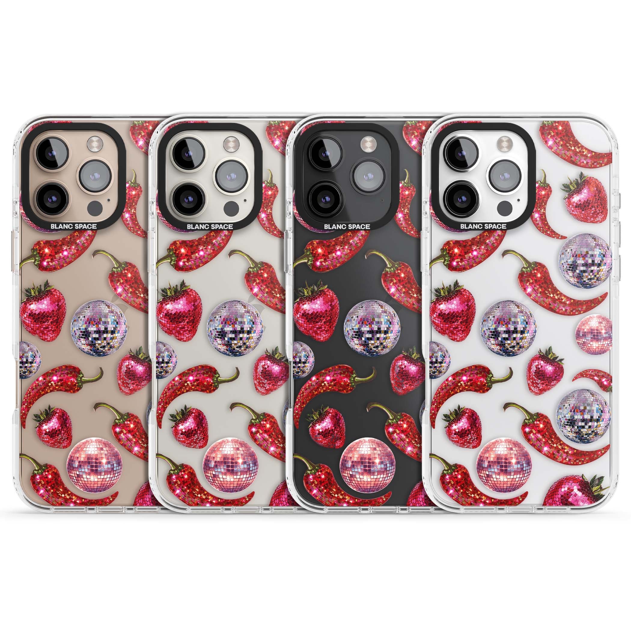 Spicy Disco Y2K iPhone case featuring glitter disco balls, sparkly strawberries and red chilli peppers | Clear Impact case for iPhone 16 Pro, iPhone 16 Pro Max