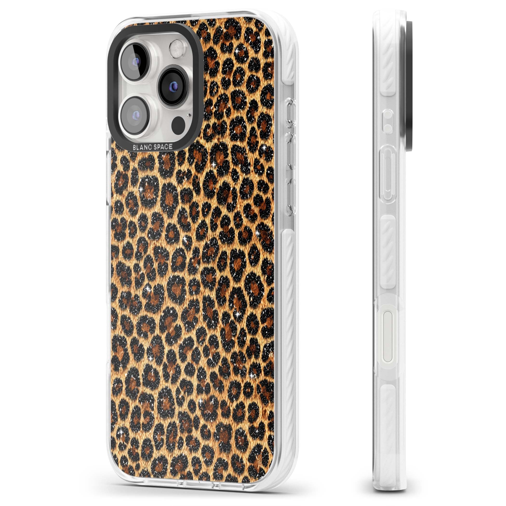 Diamond Leopard leopard print iPhone case featuring golden tan fur, black rosette spots and subtle glitter sparkle | Clear Impact case for iPhone 16 Pro, iPhone 16 Pro Max
