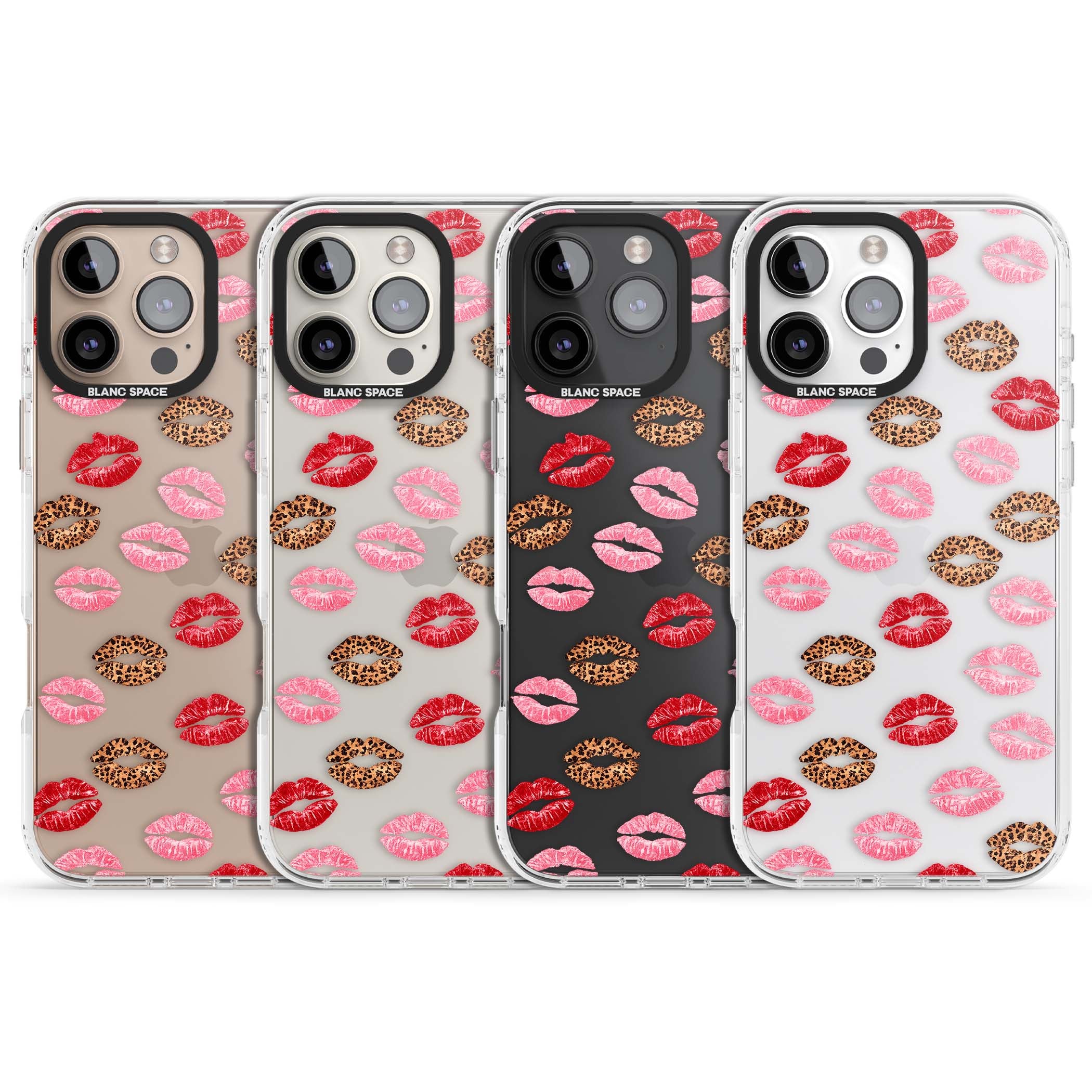 Wild Kisses coquette iPhone case featuring red, pink and leopard print lipstick kiss marks on a clear background | Clear Impact case for iPhone 16 Pro, iPhone 16 Pro Max
