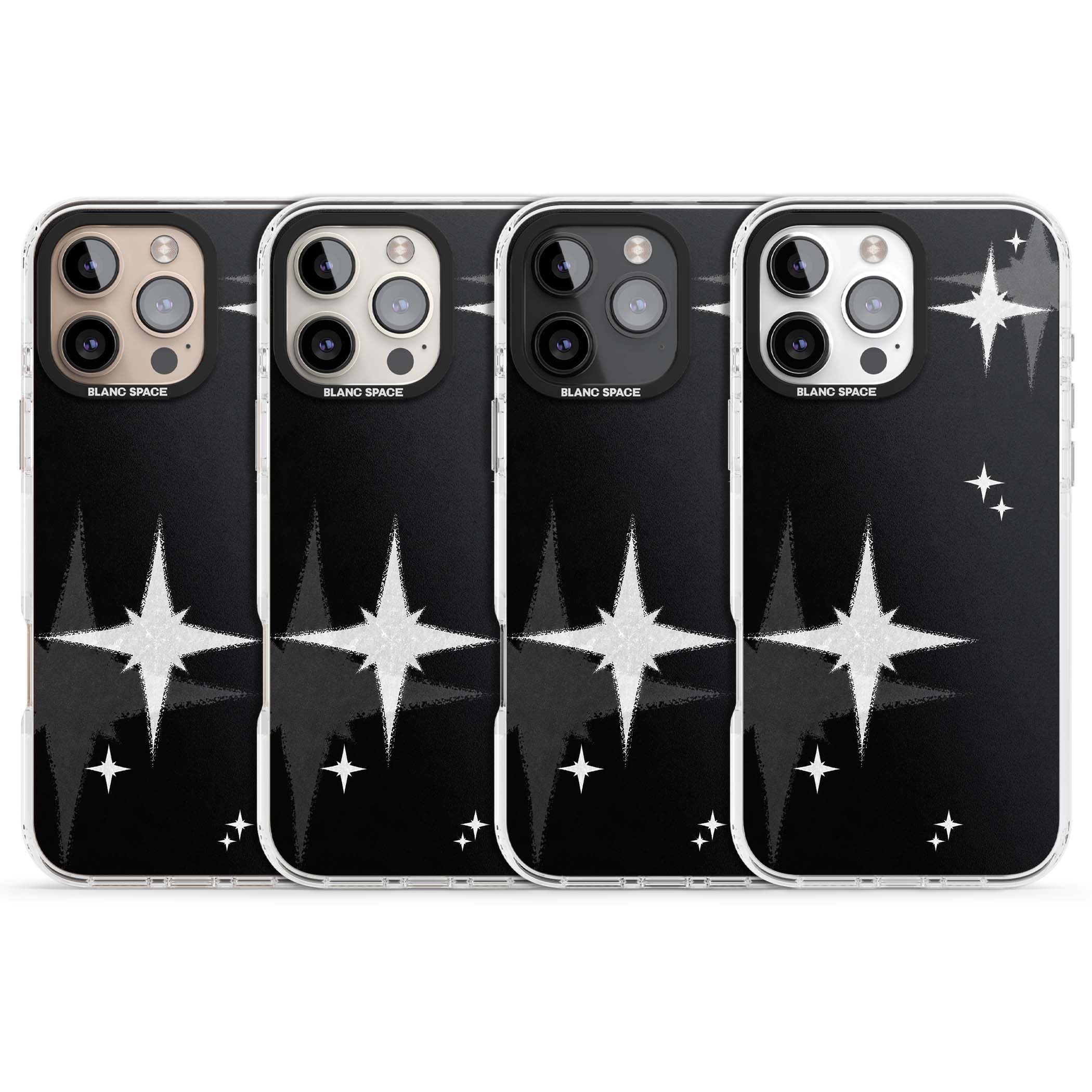 Black Sparkle celestial iPhone case featuring white sparkle stars on a black night sky background | Clear Impact case for iPhone 16 Pro, iPhone 16 Pro Max