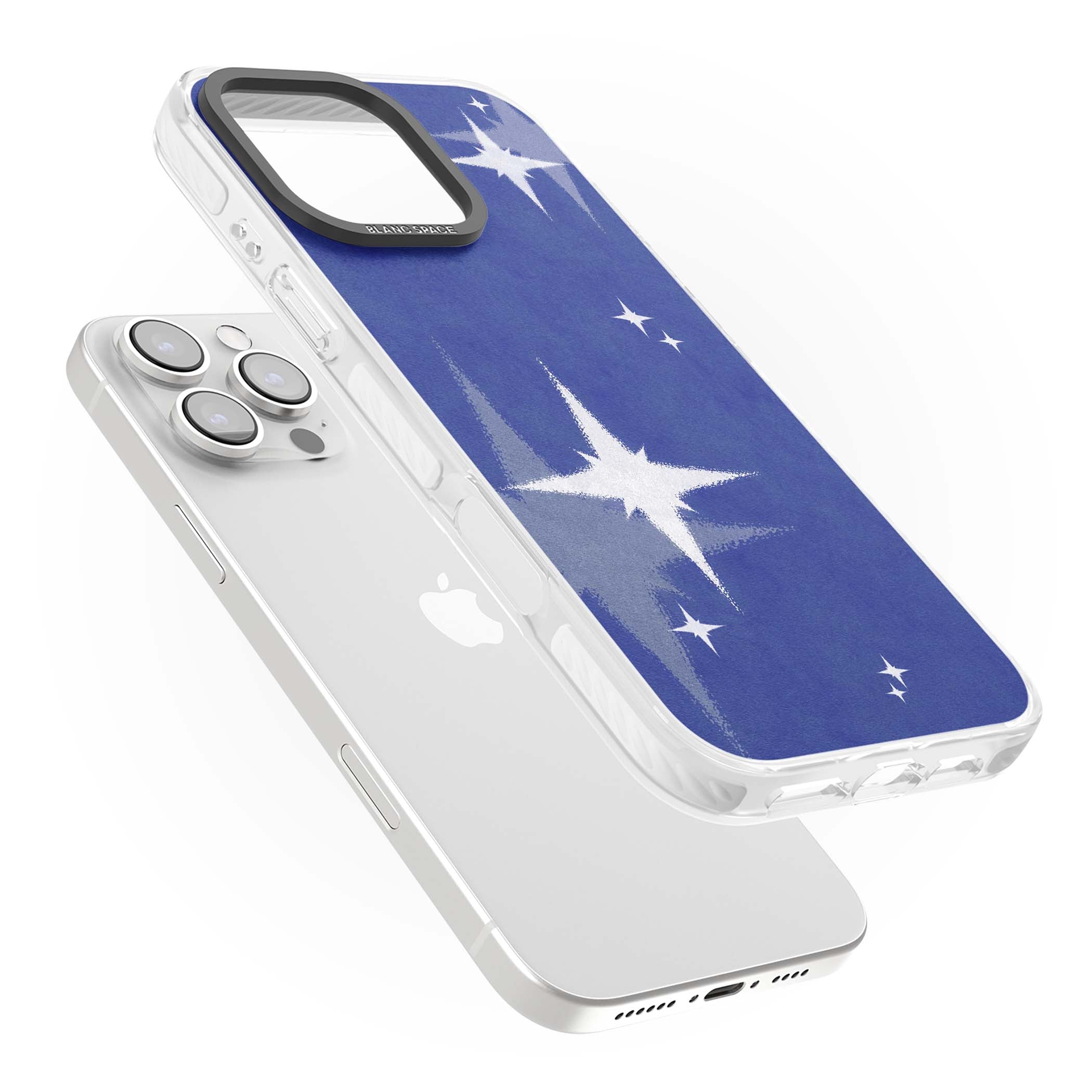 Blue Sparkle celestial iPhone case featuring sparkling silver stars on a deep blue painterly night sky | Clear Impact case for iPhone 16 Pro, iPhone 16 Pro Max