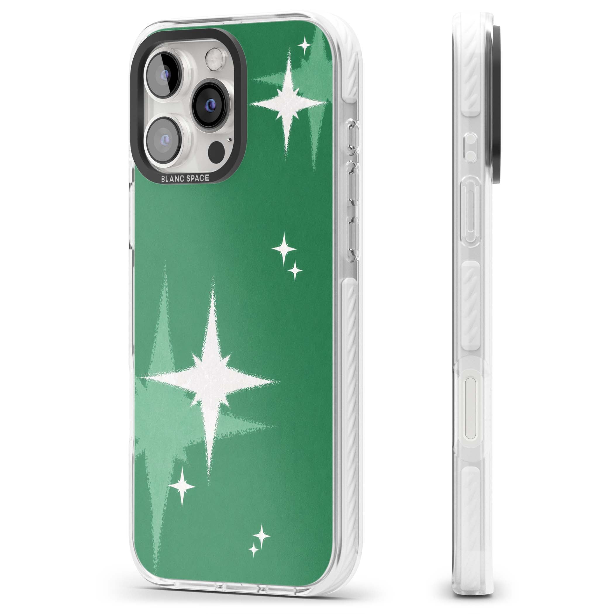 Green Sparkle celestial iPhone case featuring sparkling white four-point stars on a deep green background | Clear Impact case for iPhone 16 Pro, iPhone 16 Pro Max