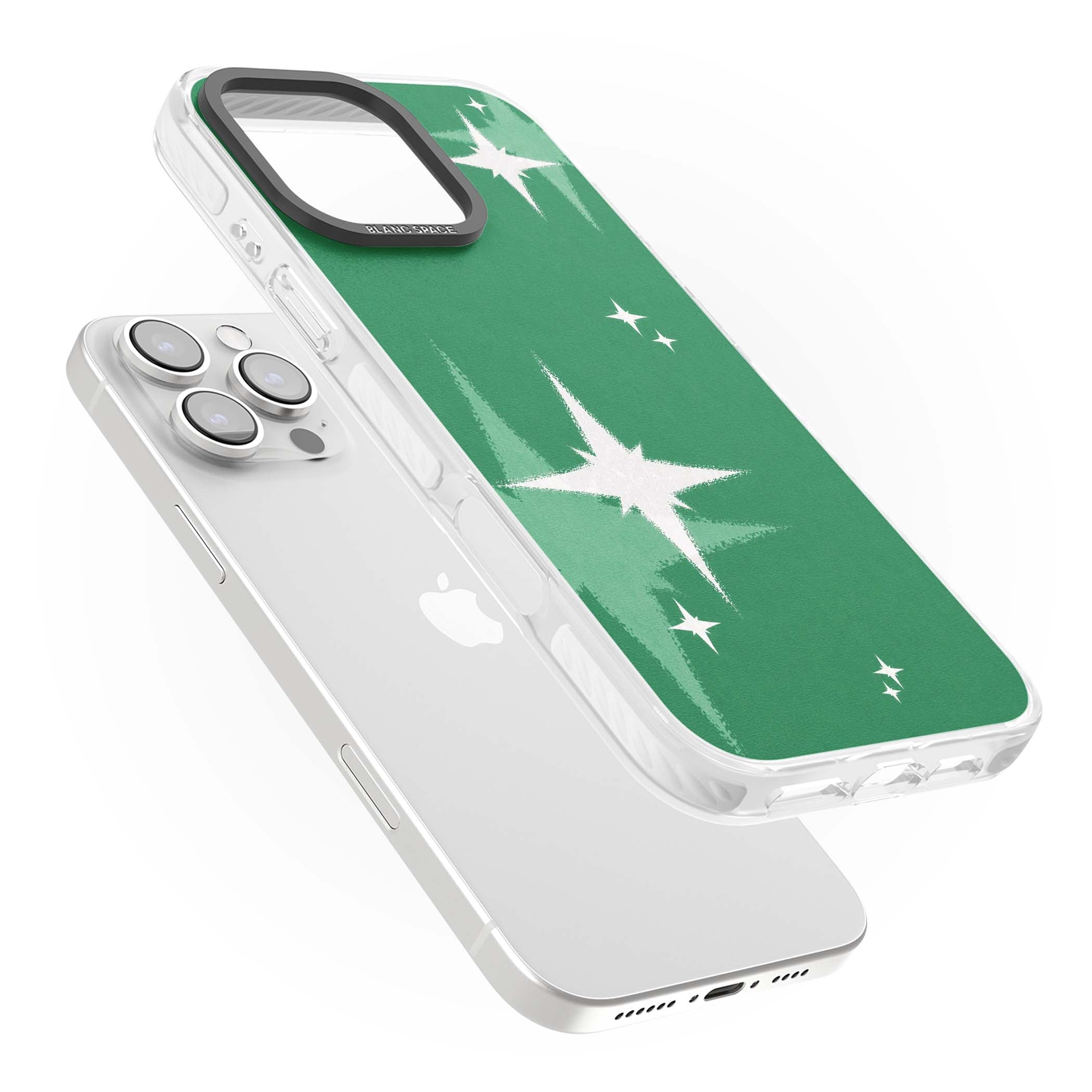 Green Sparkle celestial iPhone case featuring sparkling white four-point stars on a deep green background | Clear Impact case for iPhone 16 Pro, iPhone 16 Pro Max