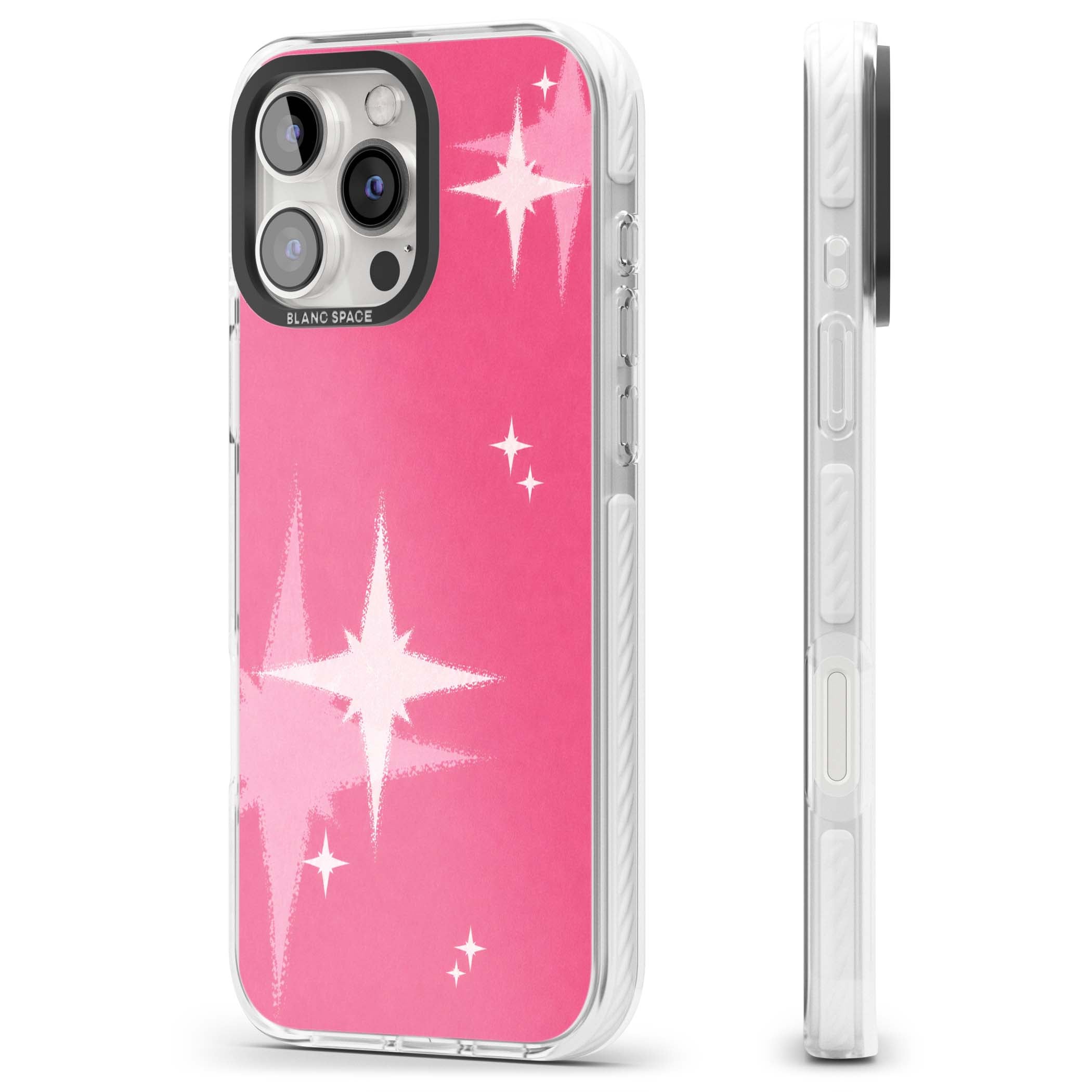 Pink Sparkle Y2K iPhone case featuring hot pink background with shimmering white starburst pattern | Clear Impact case for iPhone 16 Pro, iPhone 16 Pro Max