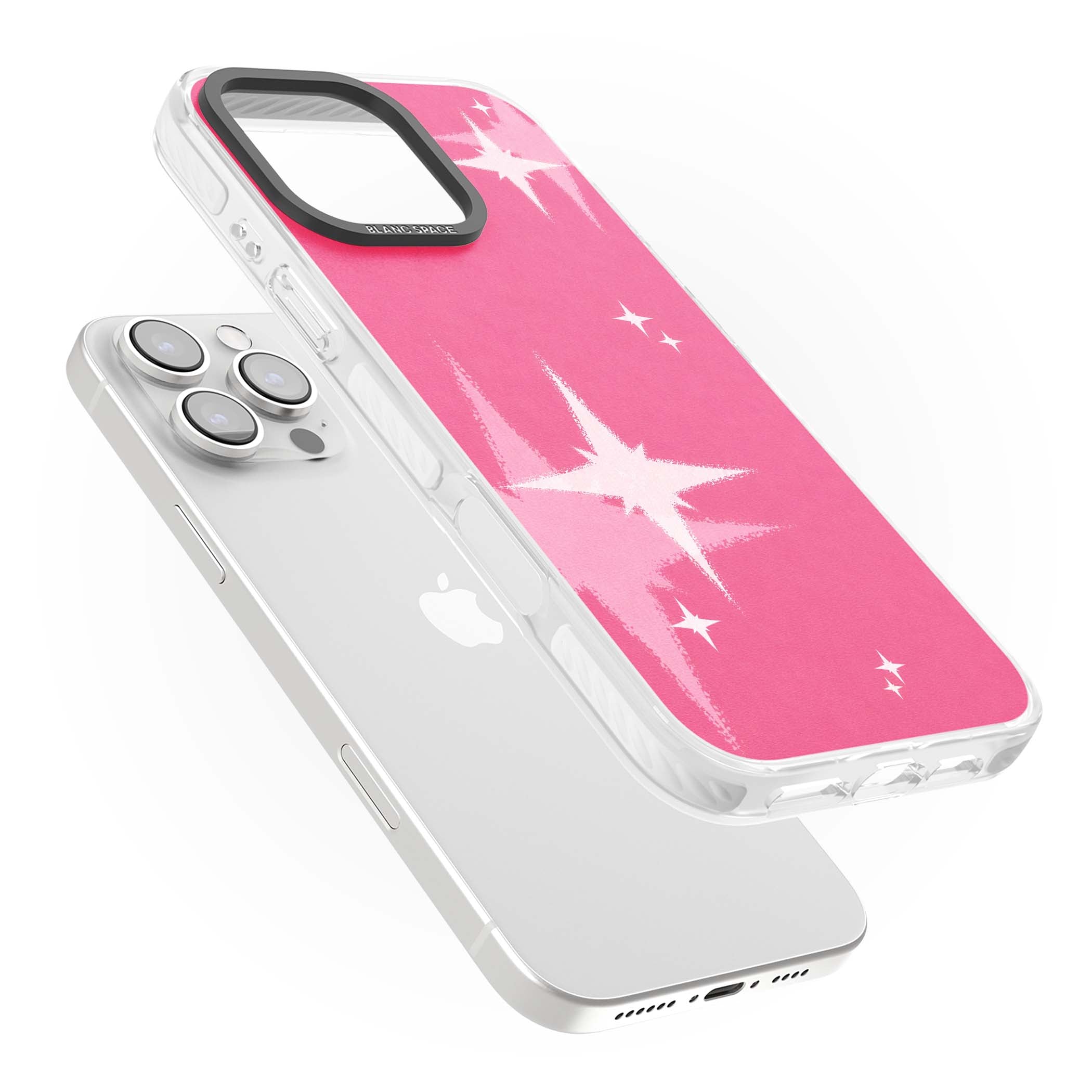 Pink Sparkle Y2K iPhone case featuring hot pink background with shimmering white starburst pattern | Clear Impact case for iPhone 16 Pro, iPhone 16 Pro Max