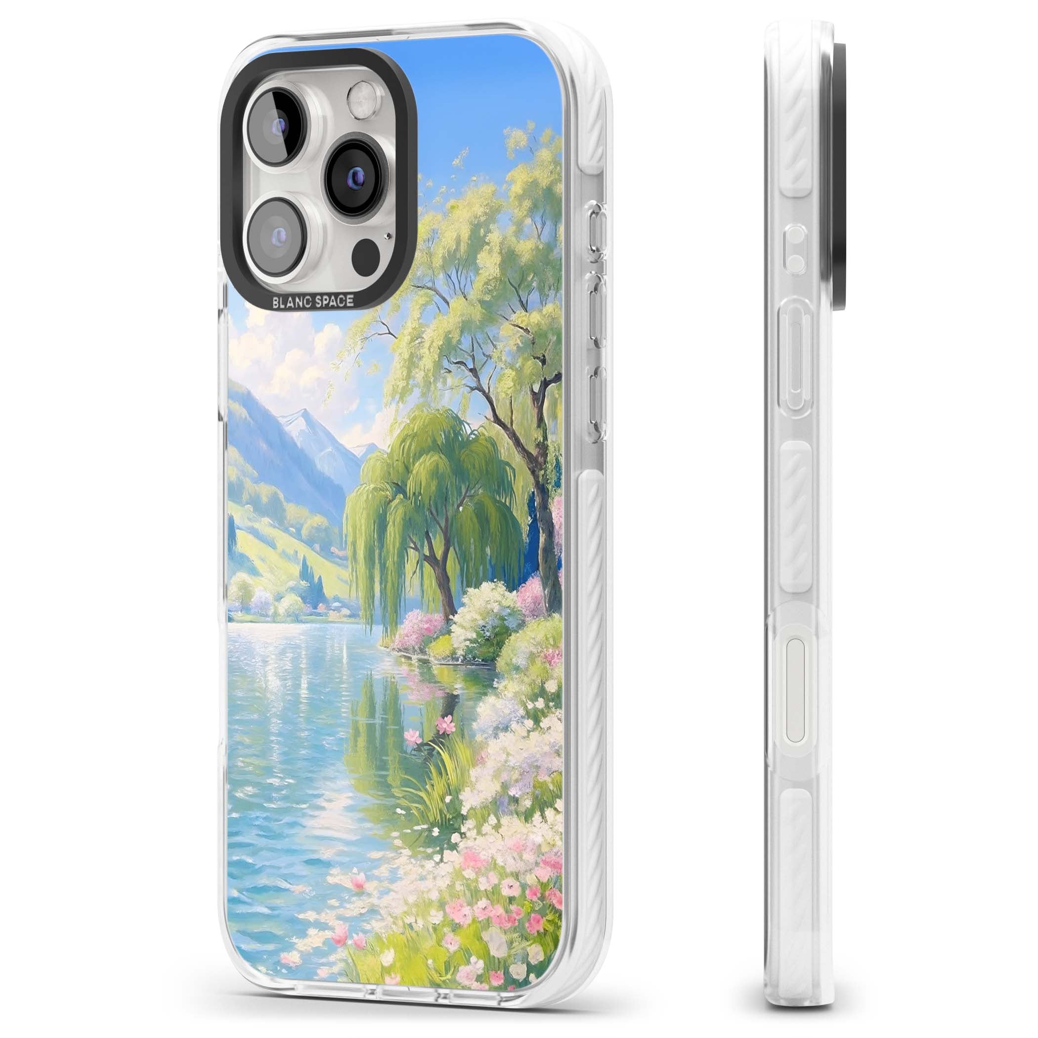 Willow Lake cottagecore iPhone case featuring a painted lakeside with weeping willow, blossoms and distant mountains | Clear Impact case for iPhone 16 Pro, iPhone 16 Pro Max
