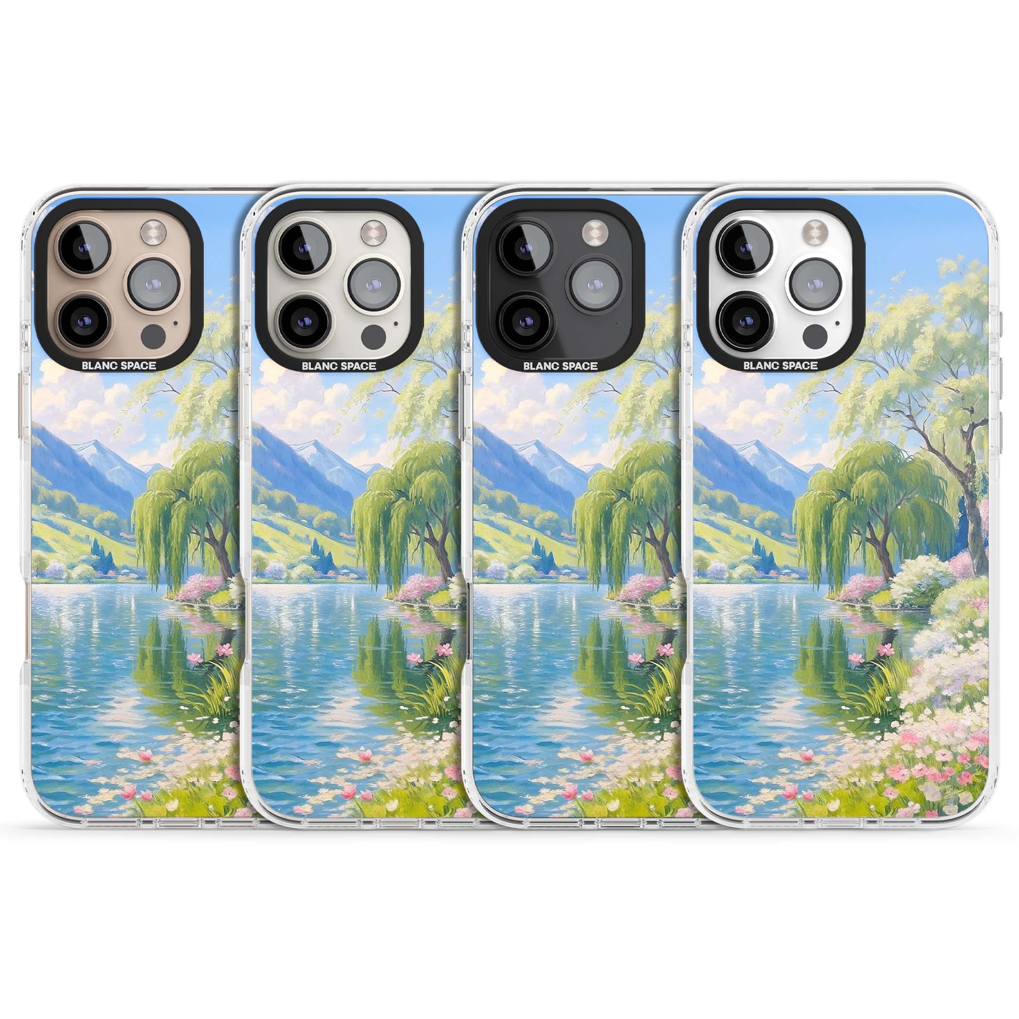 Willow Lake cottagecore iPhone case featuring a painted lakeside with weeping willow, blossoms and distant mountains | Clear Impact case for iPhone 16 Pro, iPhone 16 Pro Max