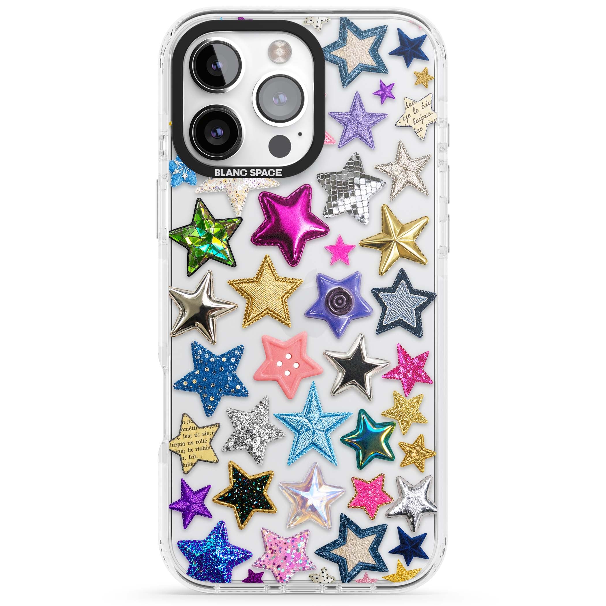Crafty Star Mix Y2K iPhone case featuring embroidered, sequinned and glitter star patches in rainbow colours | Clear Impact case for iPhone 16 Pro, iPhone 16 Pro Max