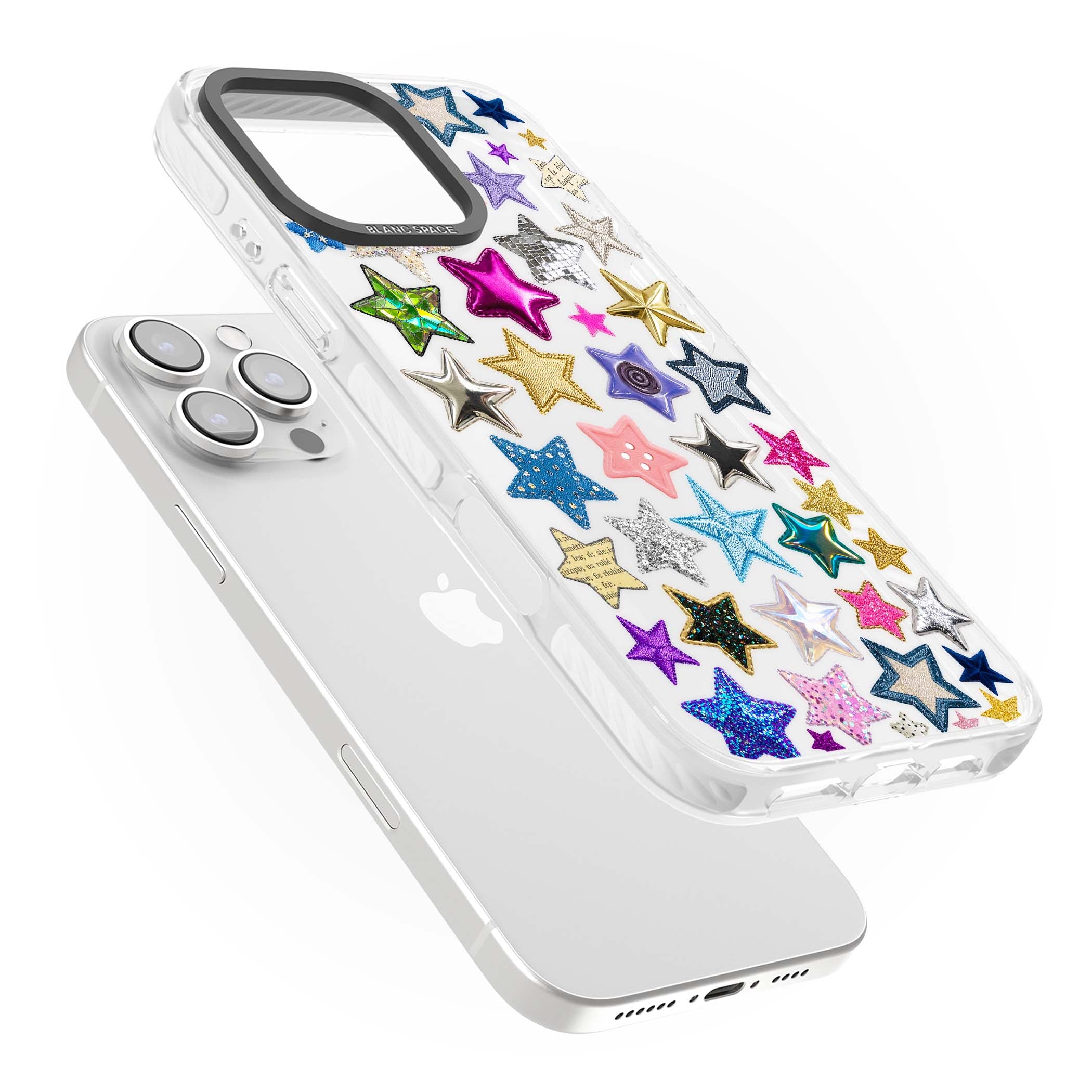 Crafty Star Mix Y2K iPhone case featuring embroidered, sequinned and glitter star patches in rainbow colours | Clear Impact case for iPhone 16 Pro, iPhone 16 Pro Max