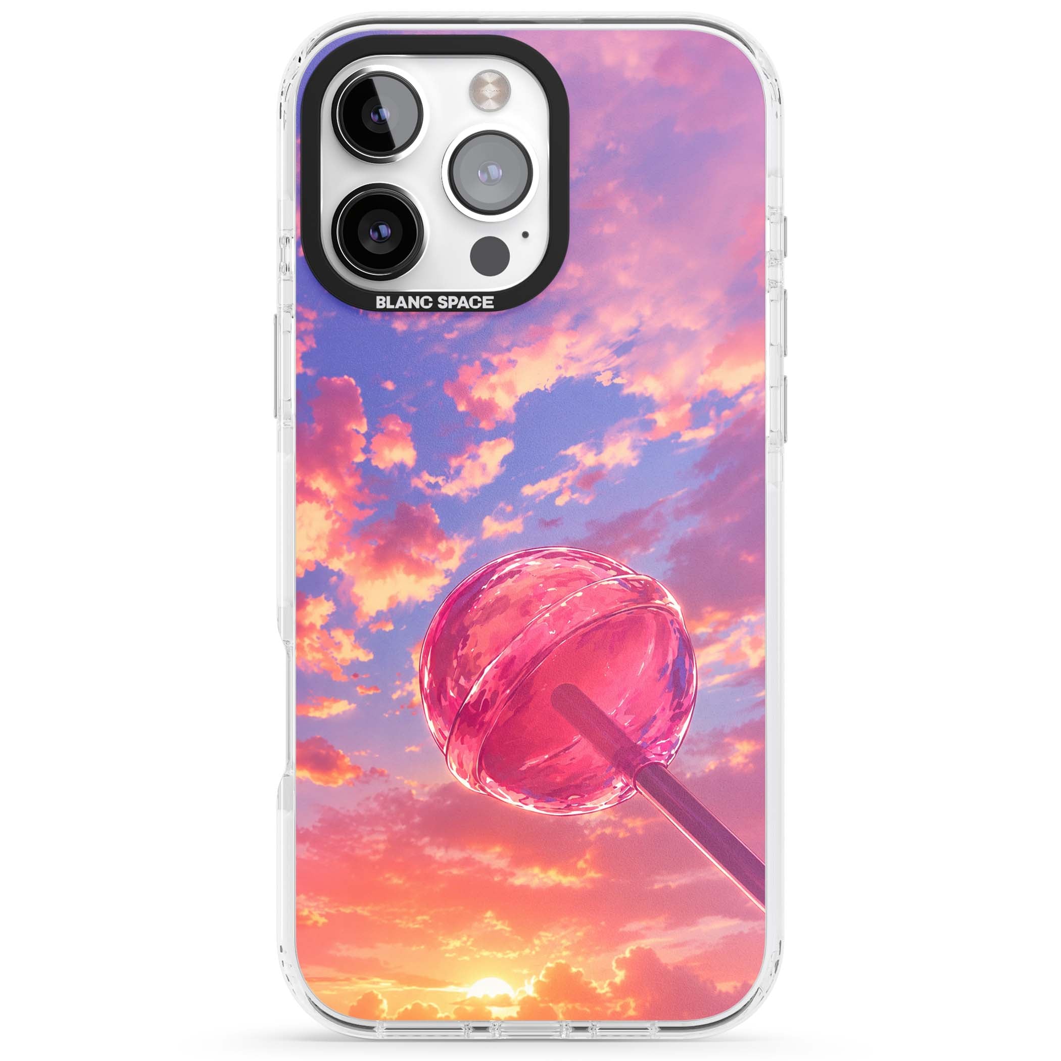 Sugar Sunset candy aesthetic iPhone case featuring a pink lollipop, pastel sunset sky and dreamy clouds | Clear Impact case for iPhone 16 Pro, iPhone 16 Pro Max