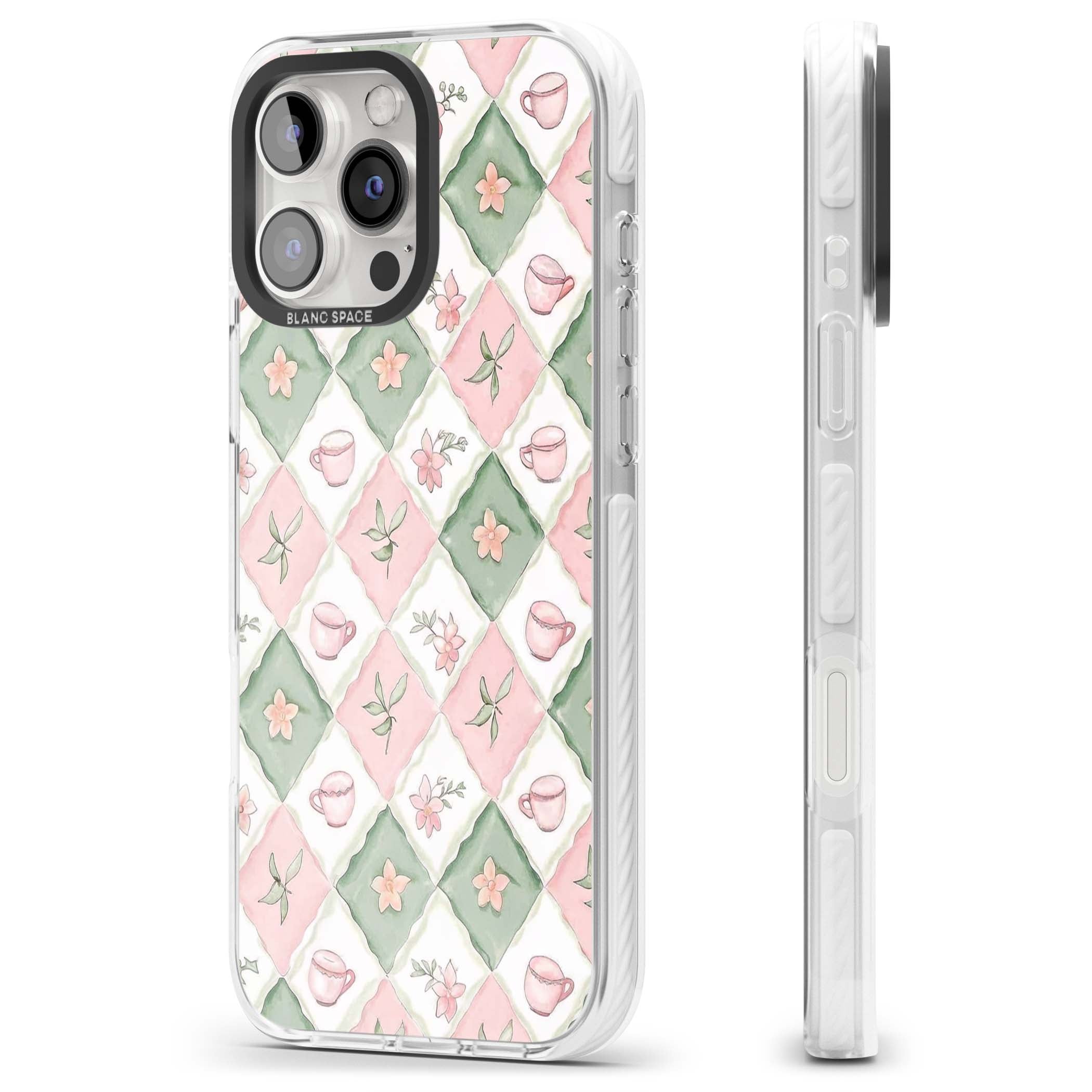 Garden Tea Party coquette iPhone case with pink and green checkered pattern, watercolour teacups and wildflowers | Clear Impact case for iPhone 16 Pro, iPhone 16 Pro Max