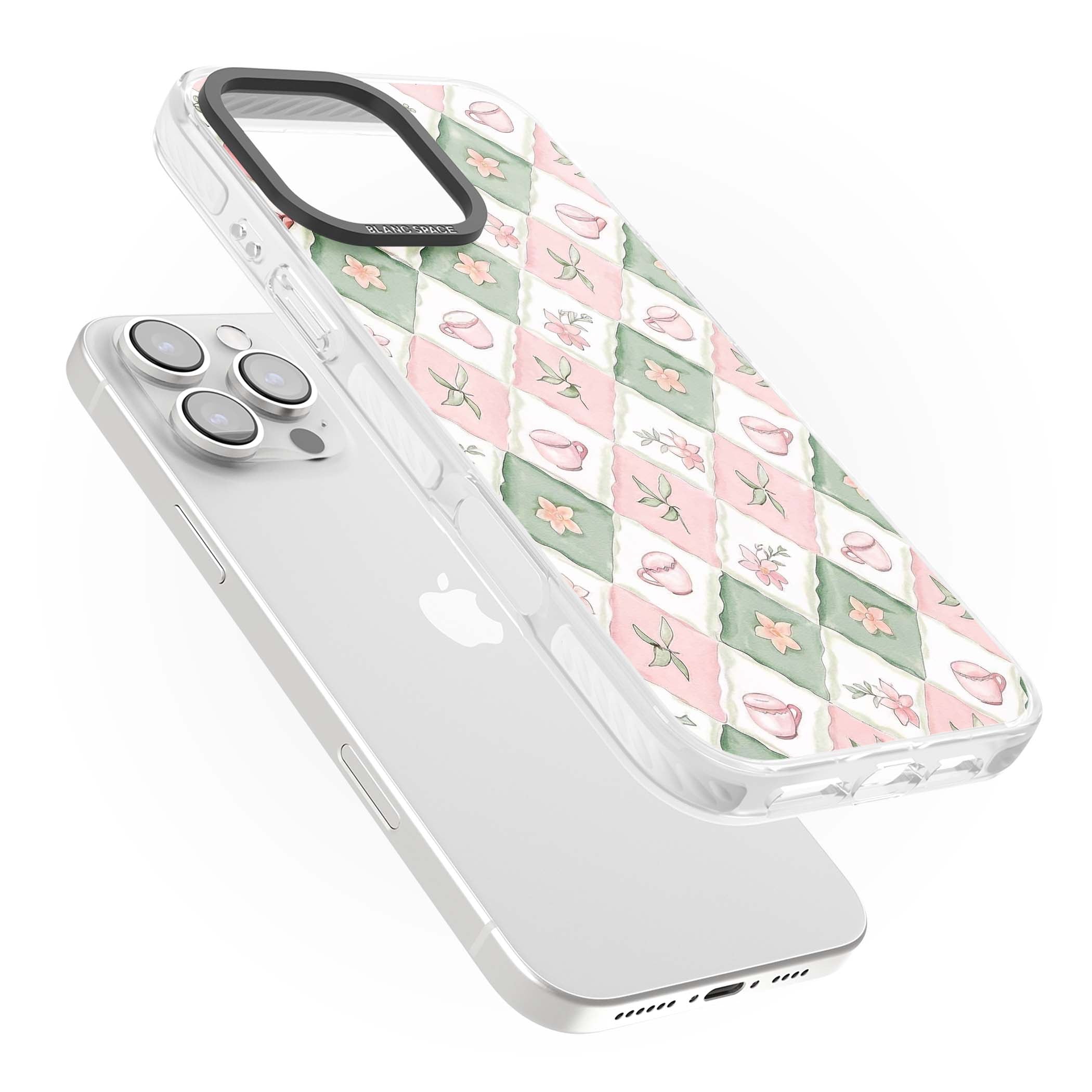 Garden Tea Party coquette iPhone case with pink and green checkered pattern, watercolour teacups and wildflowers | Clear Impact case for iPhone 16 Pro, iPhone 16 Pro Max