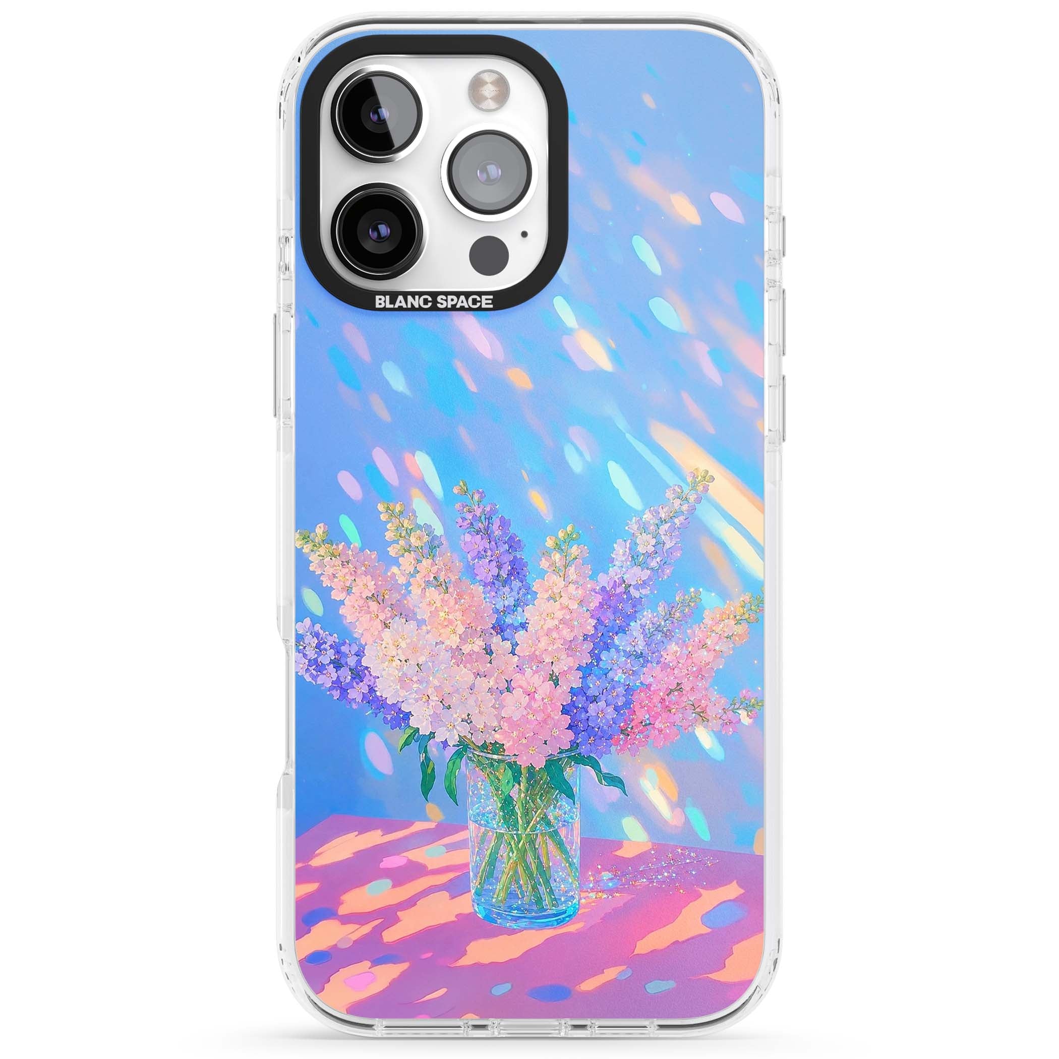 Bubblegum Flowers floral iPhone case featuring pastel lilac and pink bouquet in a glass vase with iridescent light | Clear Impact case for iPhone 16 Pro, iPhone 16 Pro Max