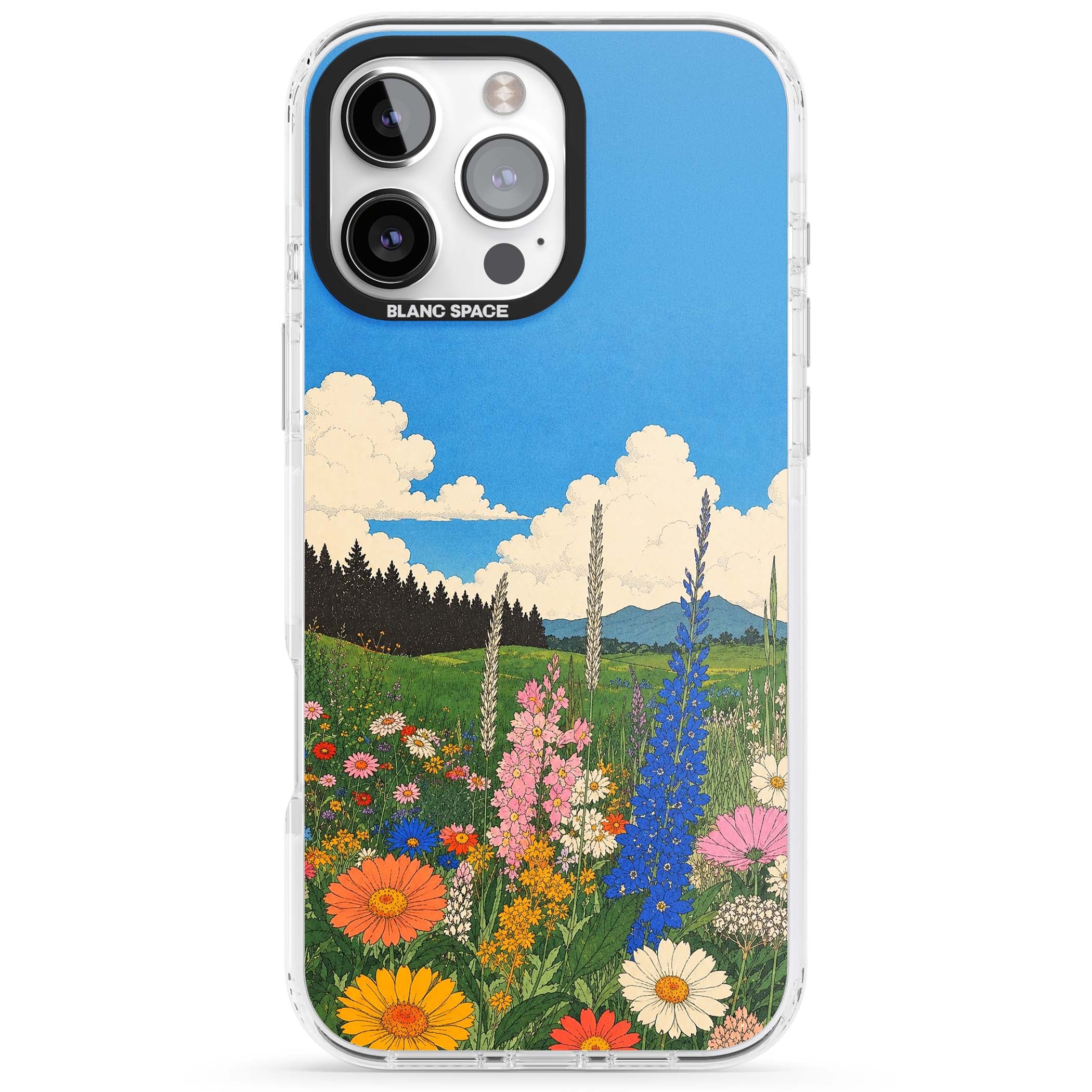 Wildbloom wildflower iPhone case featuring a vintage Japanese-style meadow landscape with daisies, delphiniums and moun | Clear Impact case for iPhone 16 Pro, iPhone 16 Pro Max