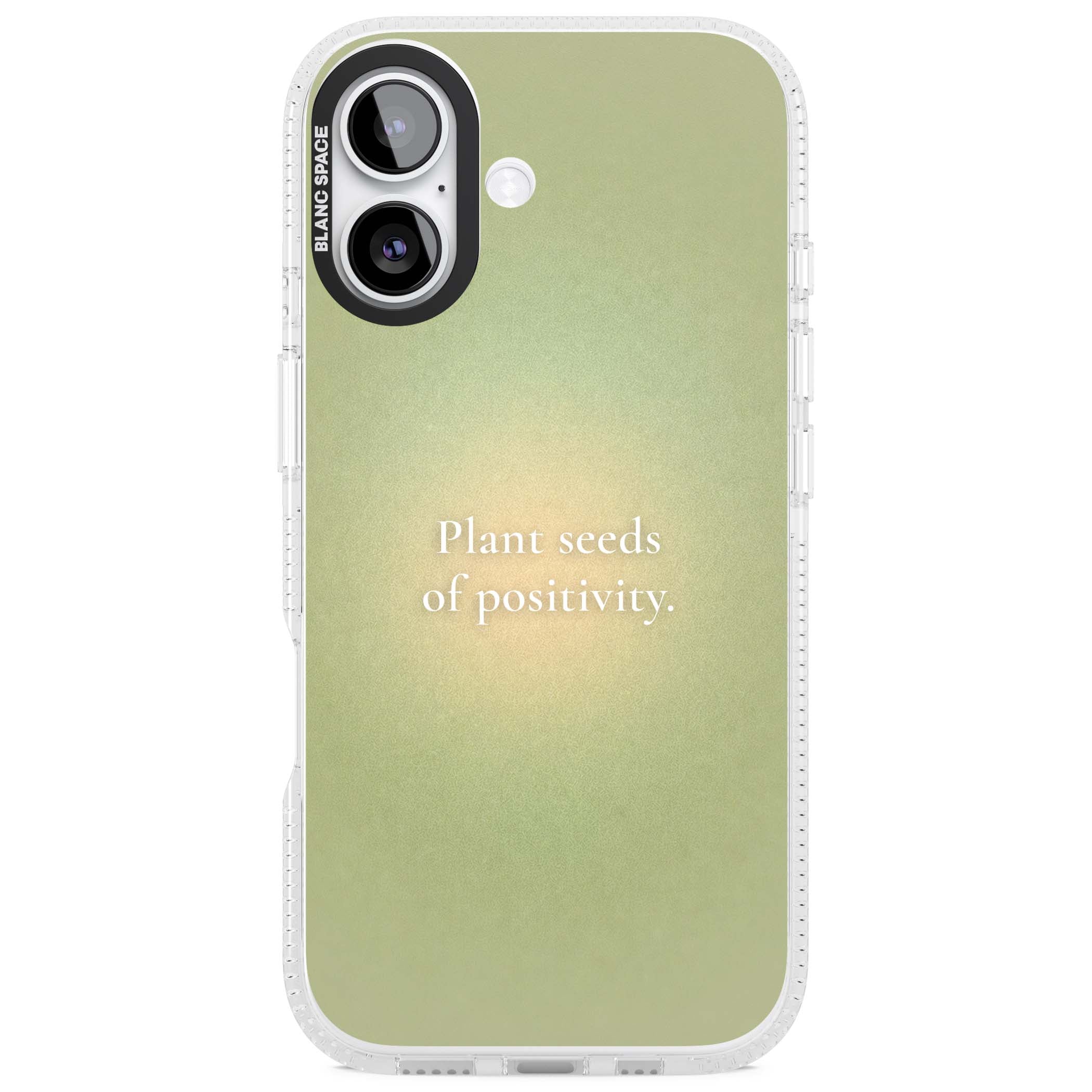 Seeds of Positivity quote iPhone case featuring a sage green aura gradient and golden glow affirmation | Clear Case Impact Air case for iPhone 17