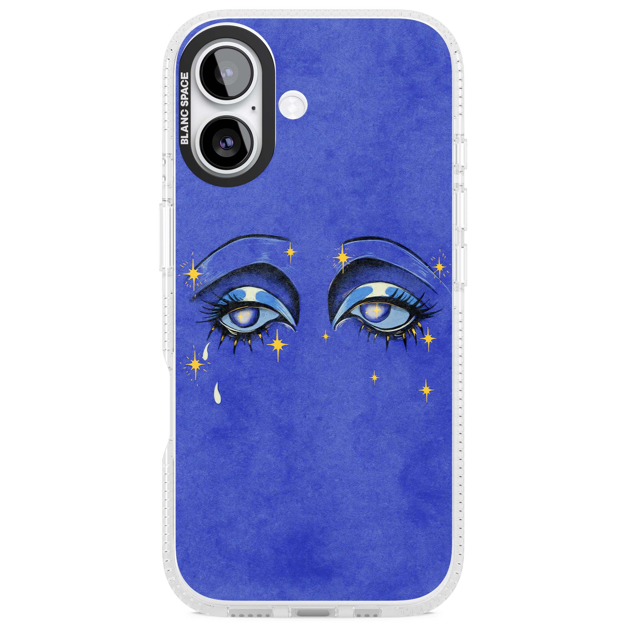 Blue Mystic Eyes celestial iPhone case featuring hand drawn blue mystical eyes, golden stars and a painted tear on indigo | Clear Case Impact Air case for iPhone 17