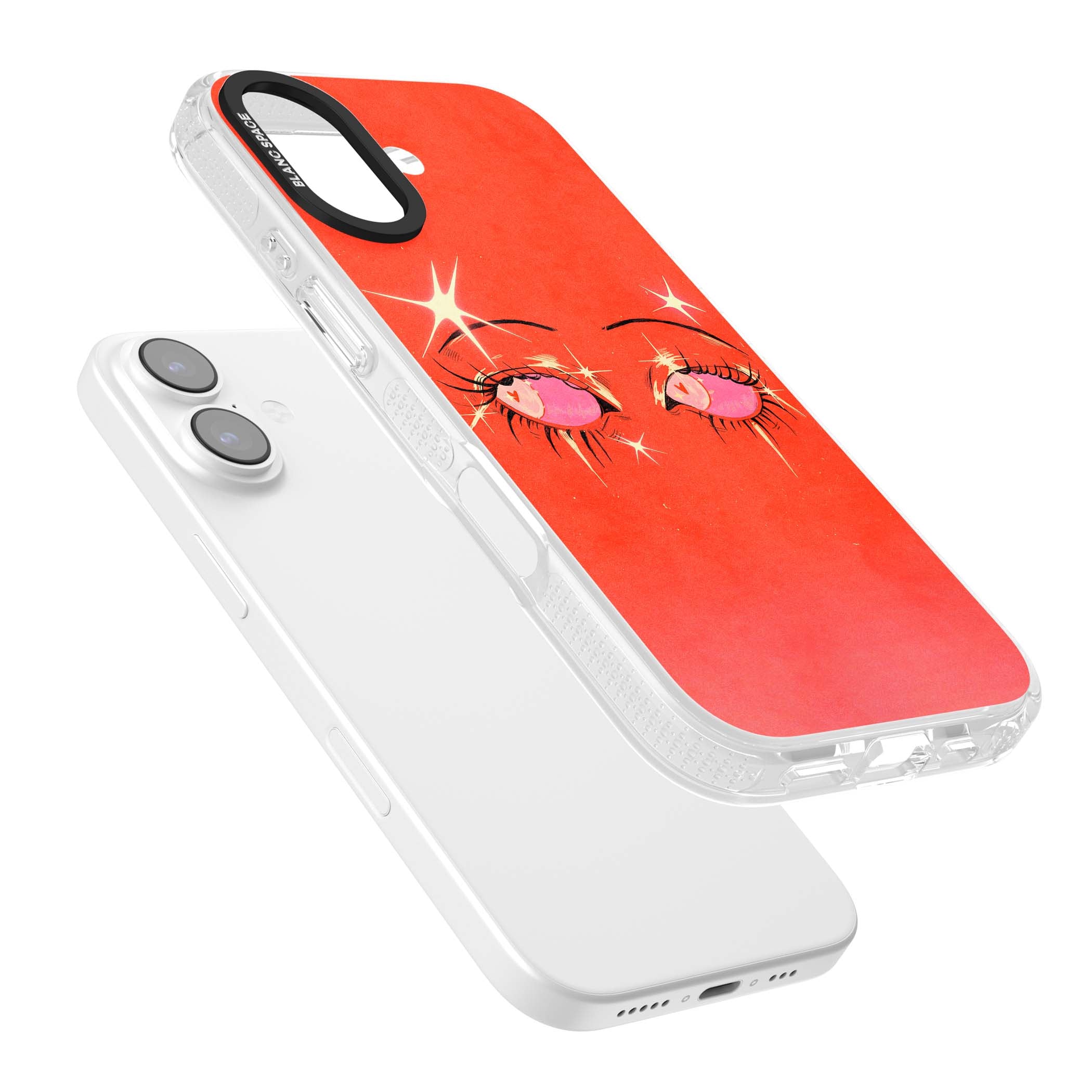 Pink Ethereal Eyes anime iPhone case featuring hand-drawn sparkly eyes with pink hearts and gold stars on red | Clear Case Impact Air case for iPhone 17