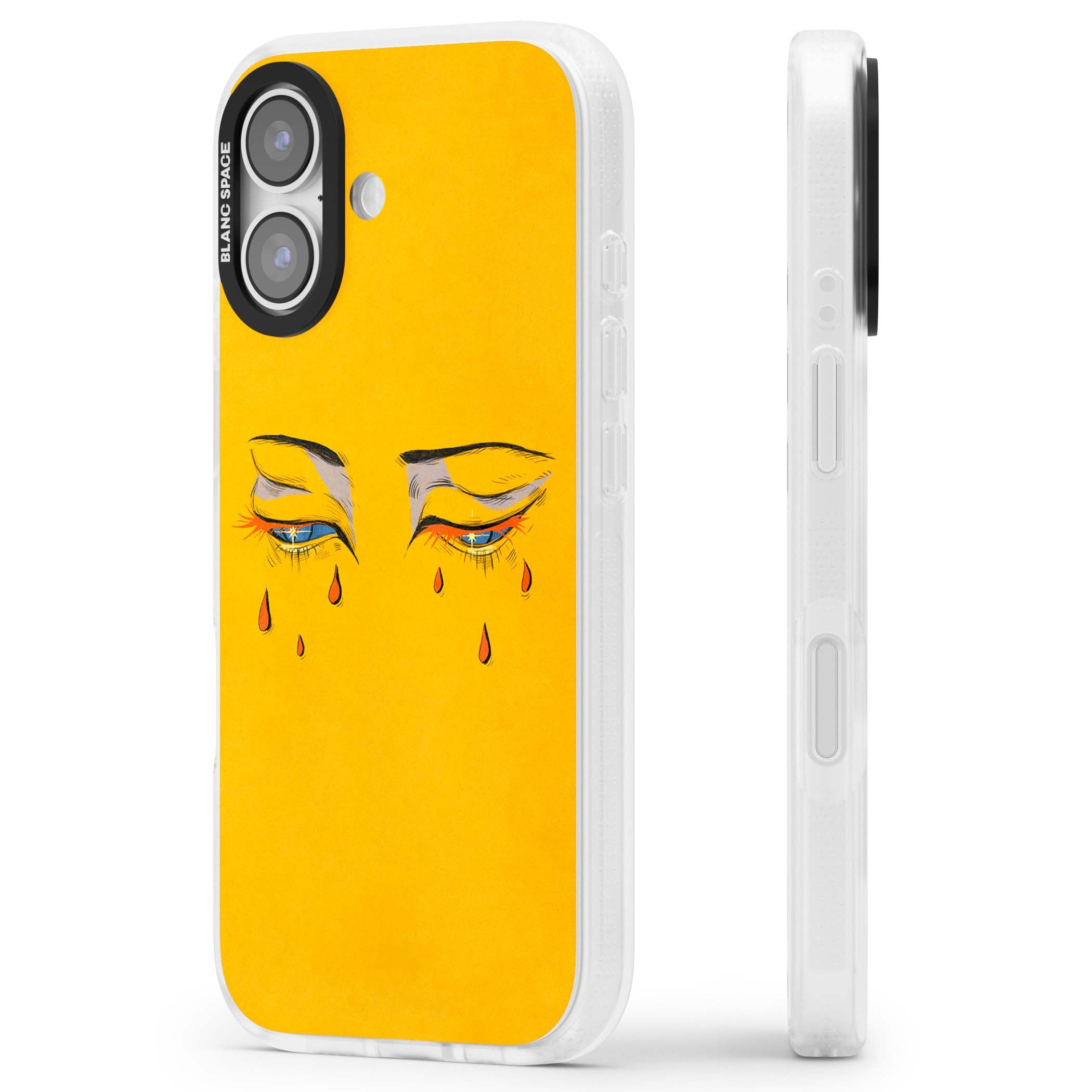 Yellow Tearful Eyes indie iPhone case featuring hand-drawn crying eyes with orange tears on a yellow background | Clear Case Impact Air case for iPhone 17