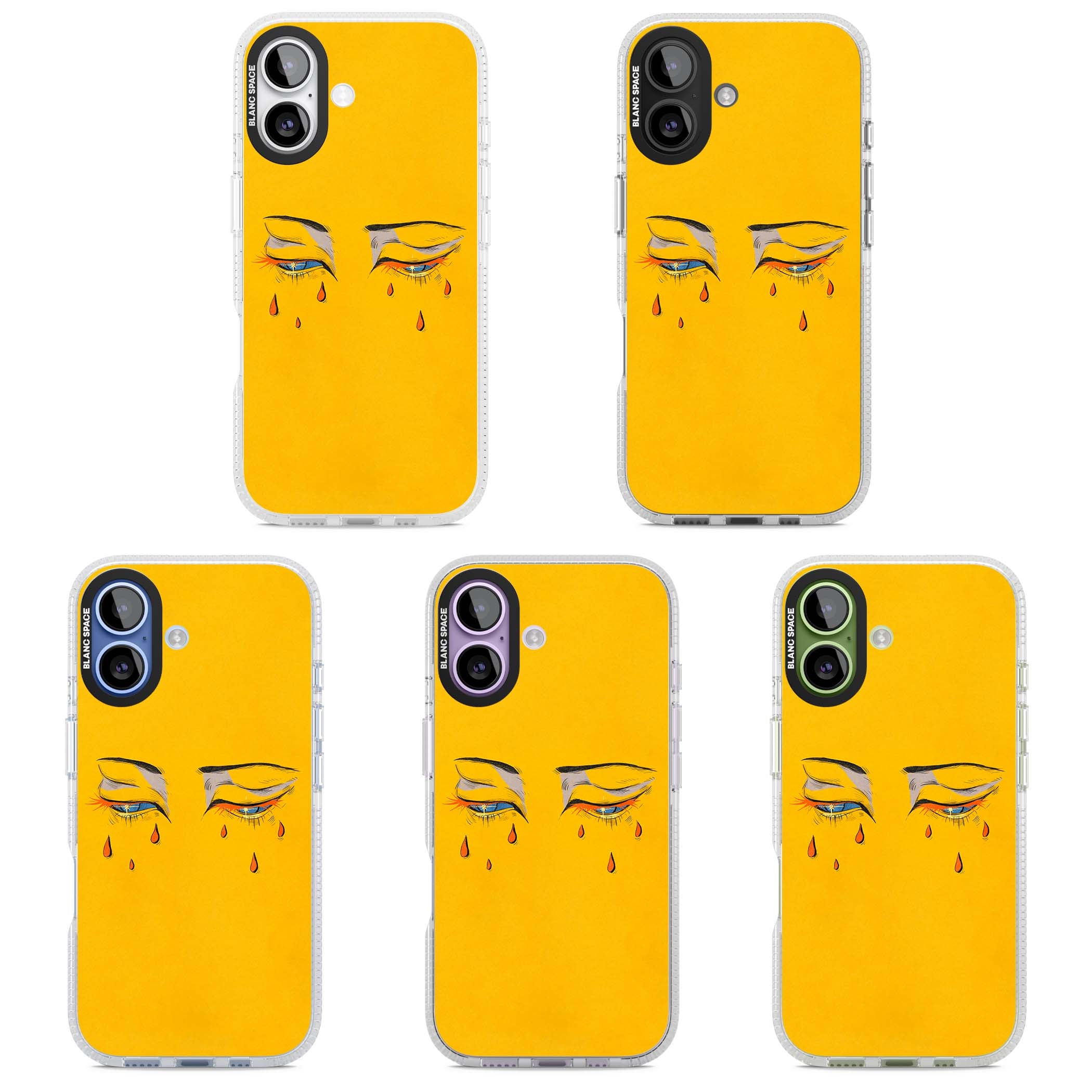 Yellow Tearful Eyes indie iPhone case featuring hand-drawn crying eyes with orange tears on a yellow background | Clear Case Impact Air case for iPhone 17