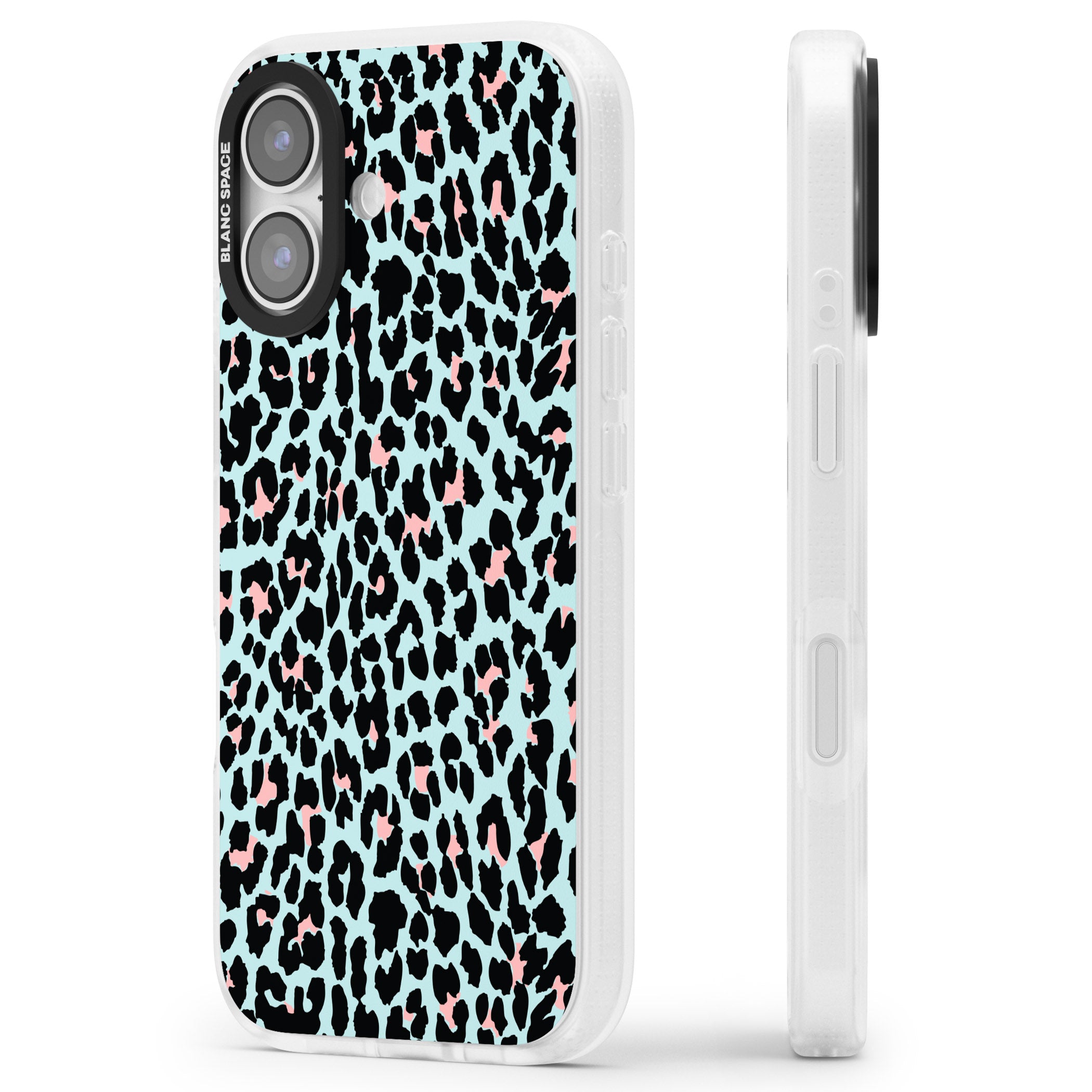 Pastel Blue & Pink Leopard Print iPhone 17 Impact Air Clear Phone Case Side Profile