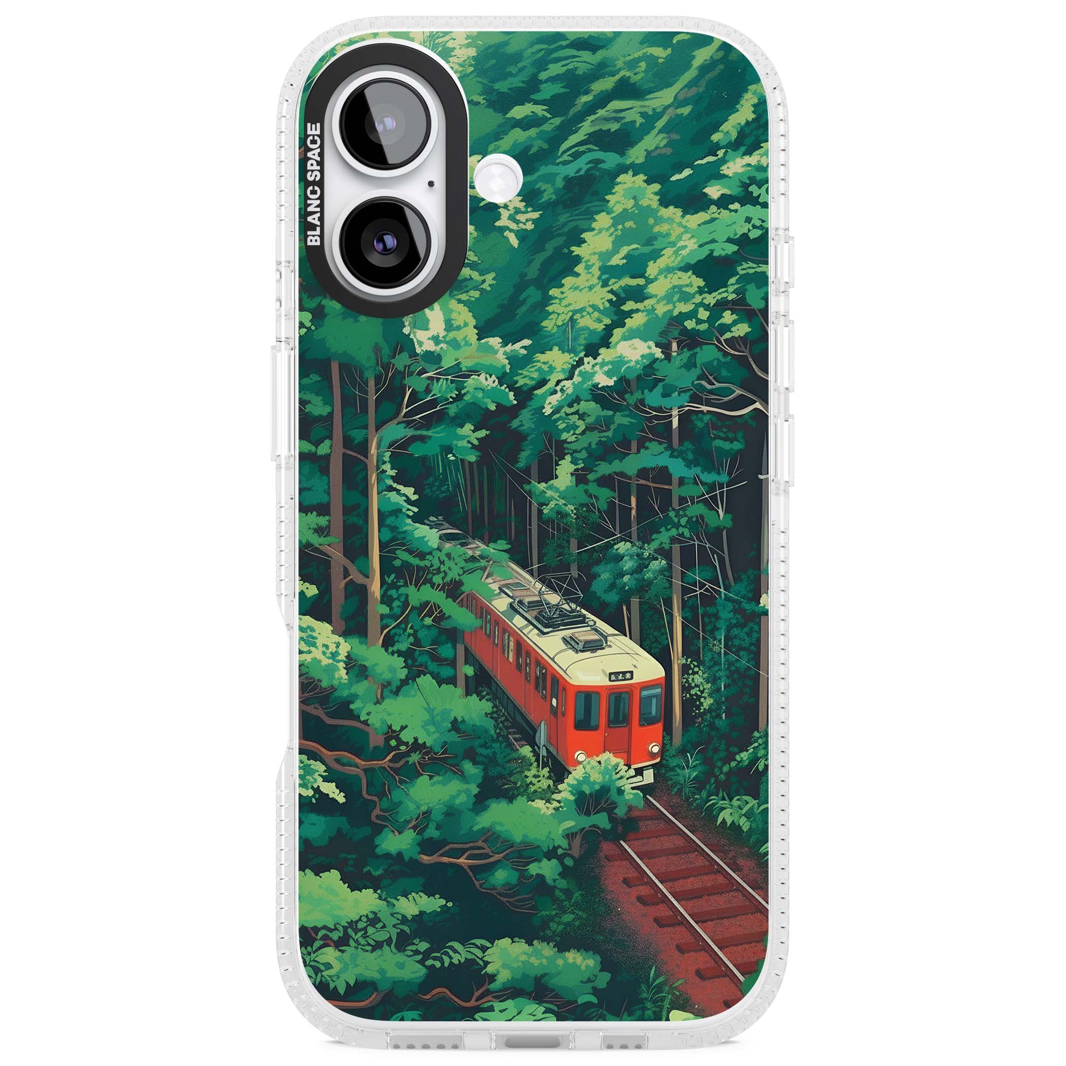 Railway In Toyama Japanese iPhone case featuring a red train, cedar forest and winding mountain railway tracks | Clear Case Impact Air case for iPhone 17