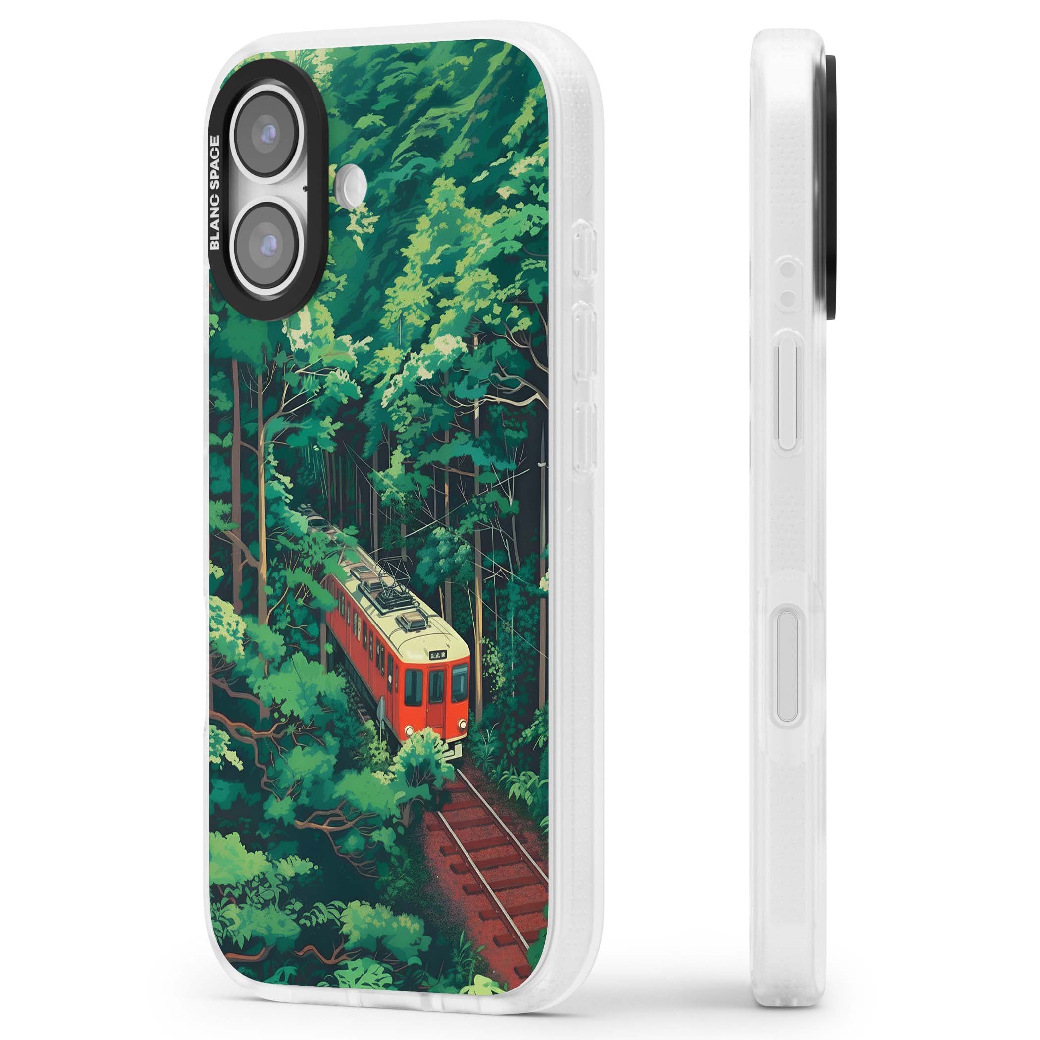 Railway In Toyama Japanese iPhone case featuring a red train, cedar forest and winding mountain railway tracks | Clear Case Impact Air case for iPhone 17