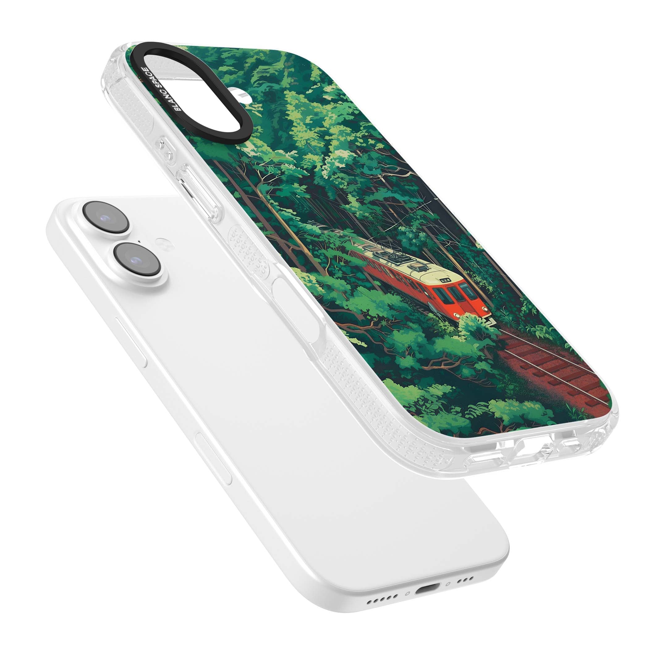 Railway In Toyama Japanese iPhone case featuring a red train, cedar forest and winding mountain railway tracks | Clear Case Impact Air case for iPhone 17