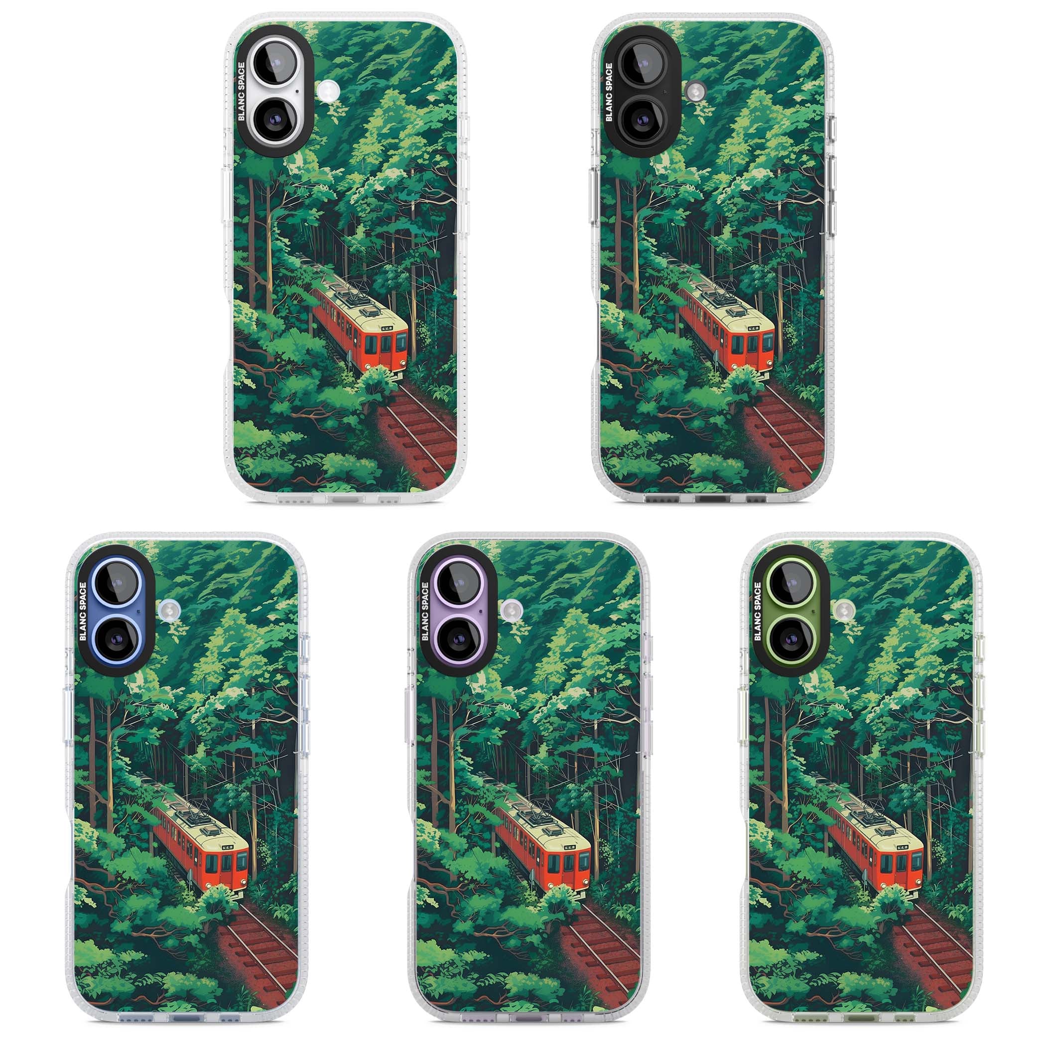 Railway In Toyama Japanese iPhone case featuring a red train, cedar forest and winding mountain railway tracks | Clear Case Impact Air case for iPhone 17