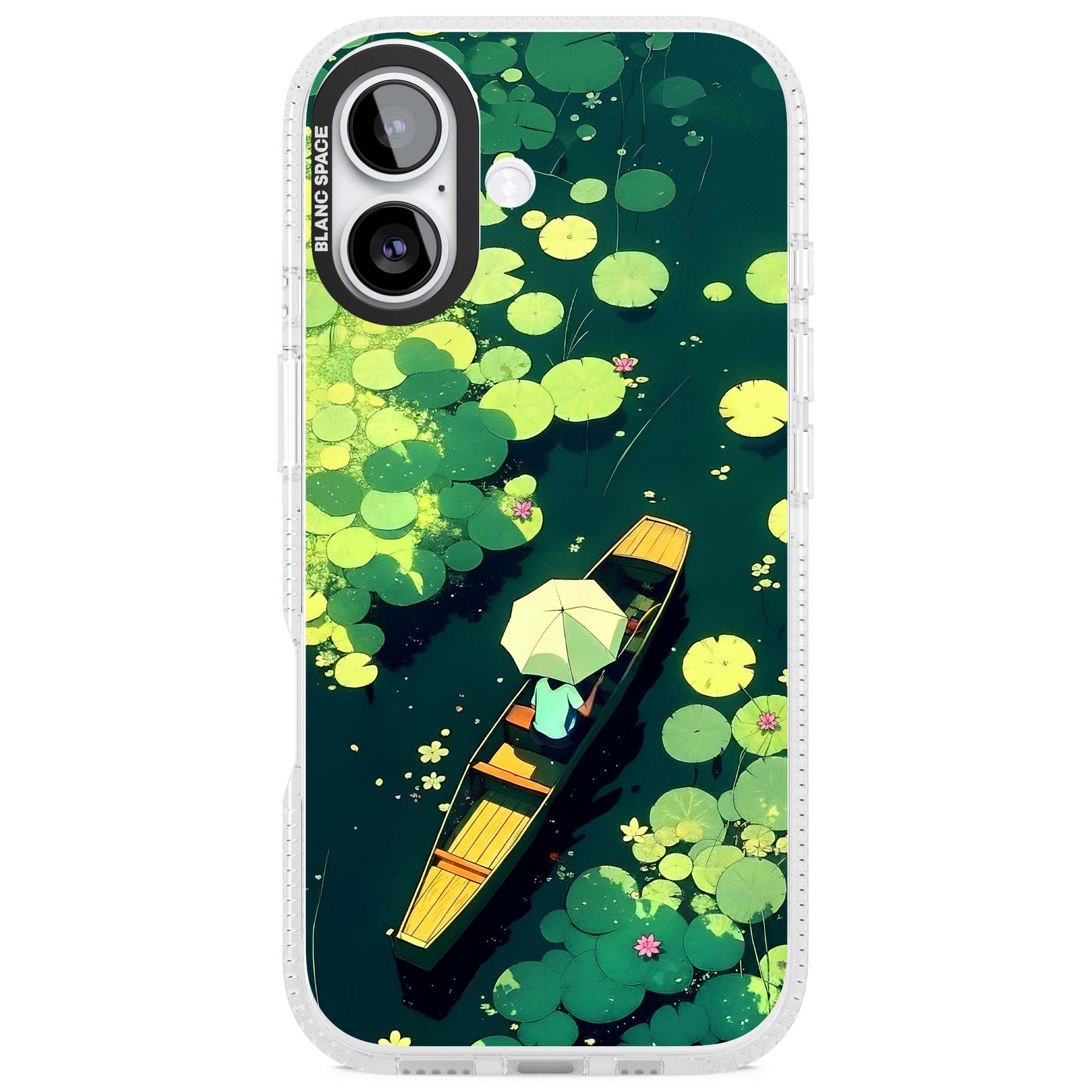 Jade Waters cottagecore iPhone case featuring a painted lily pond, wooden boat with parasol and floating water lilies | Clear Case Impact Air case for iPhone 17