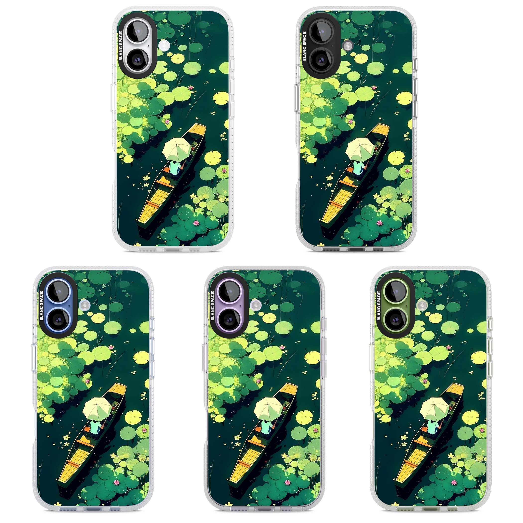 Jade Waters cottagecore iPhone case featuring a painted lily pond, wooden boat with parasol and floating water lilies | Clear Case Impact Air case for iPhone 17