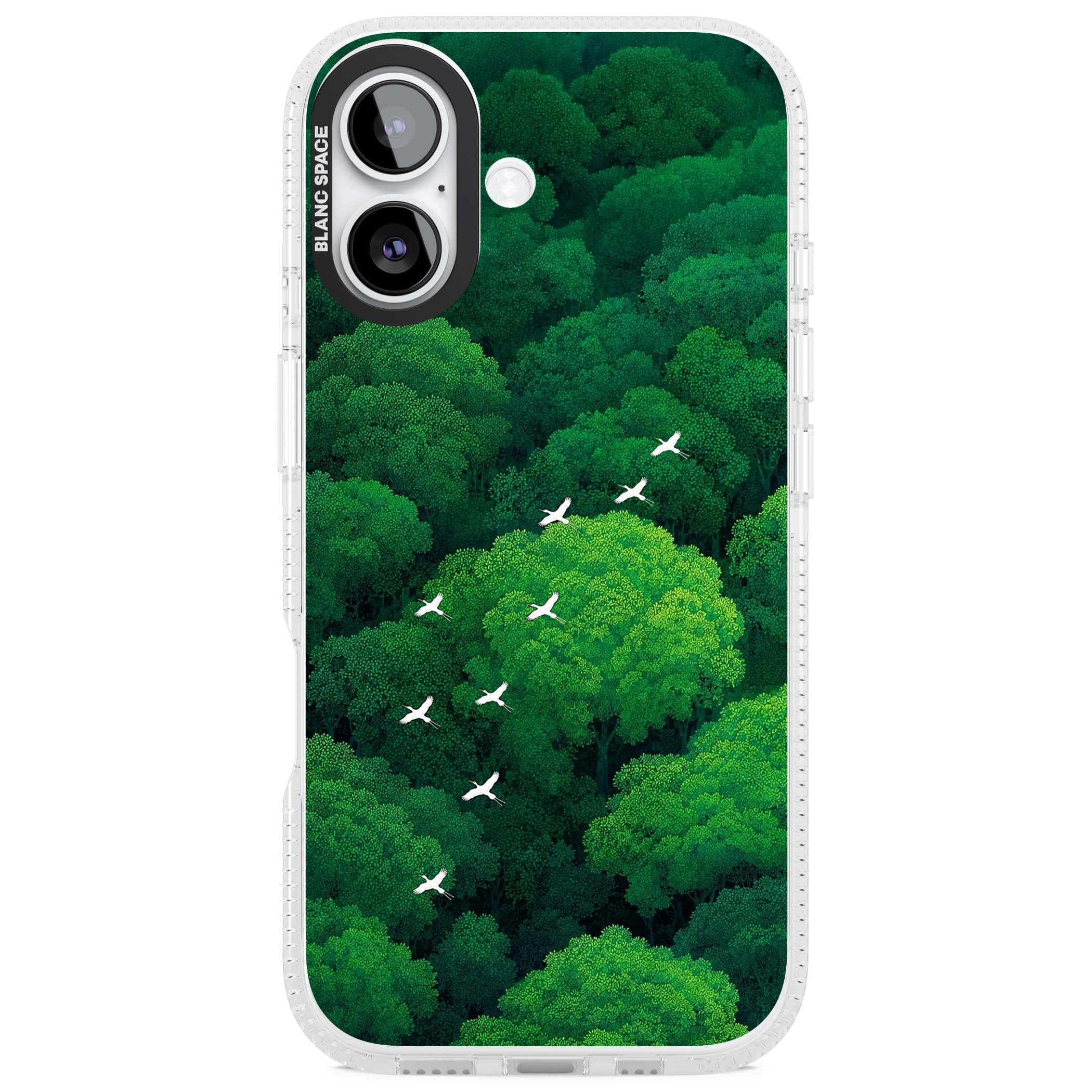 Grove Migration forest iPhone case featuring white cranes flying over lush green treetop canopy | Clear Case Impact Air case for iPhone 17