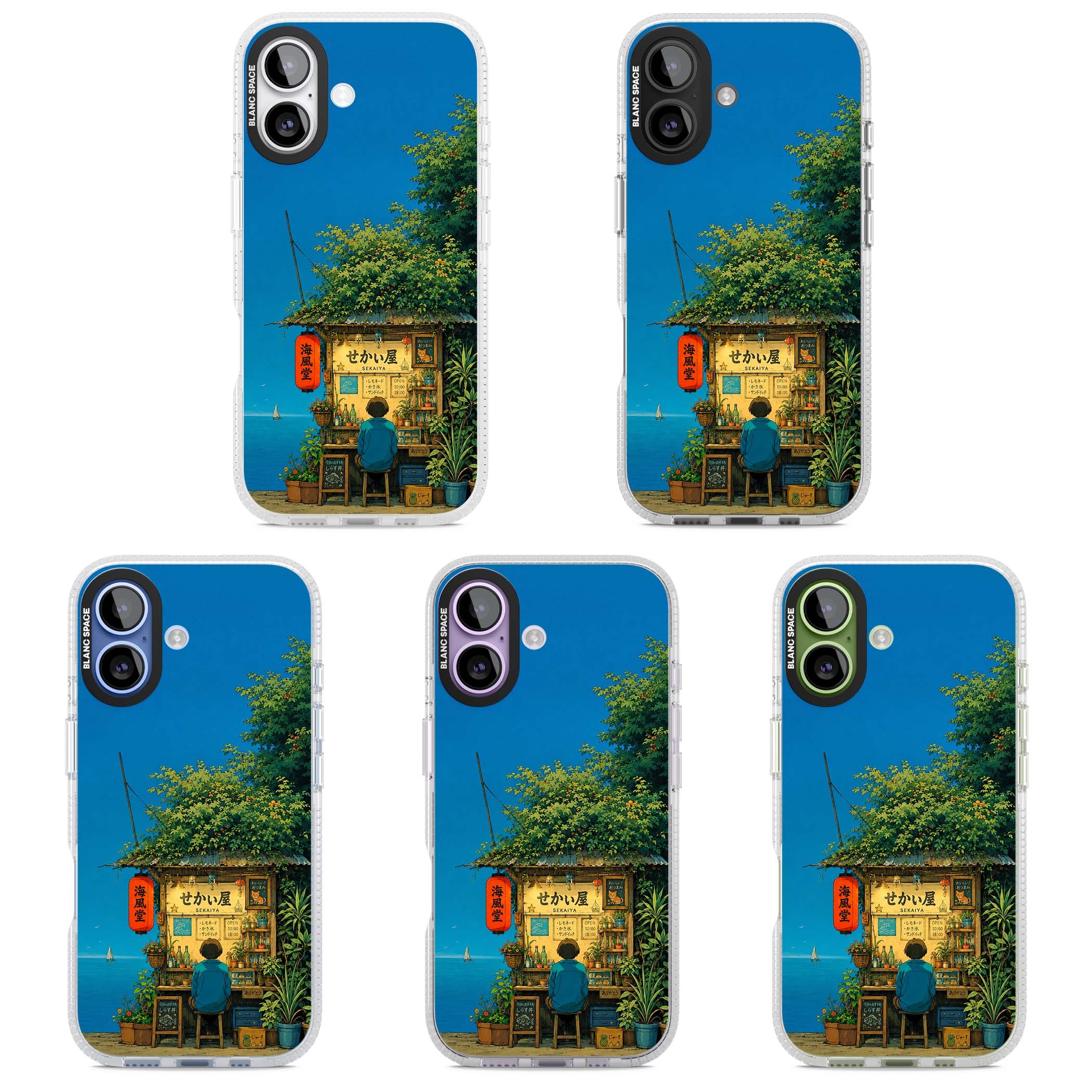 The Shirahama Kiosk anime iPhone case featuring a Japanese seaside shop, red paper lantern and ocean view | Clear Case Impact Air case for iPhone 17