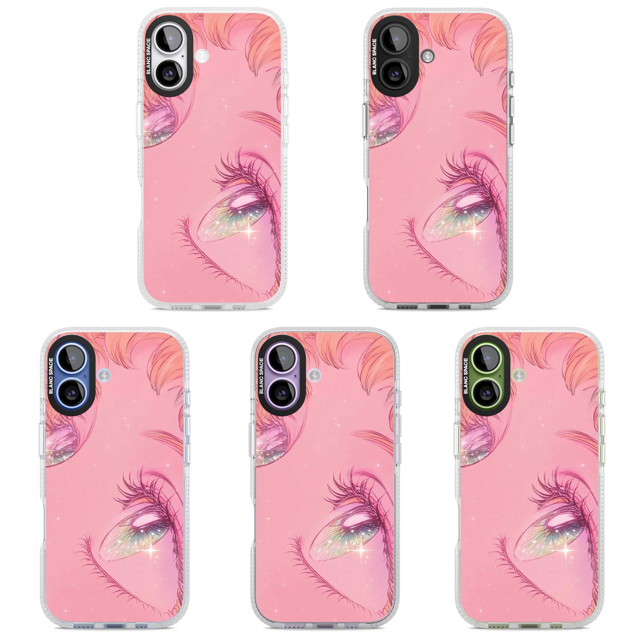 Pink Ethereal Gaze anime iPhone case featuring sparkling manga eyes, coral lashes and dreamy peach sky | Clear Case Impact Air case for iPhone 17