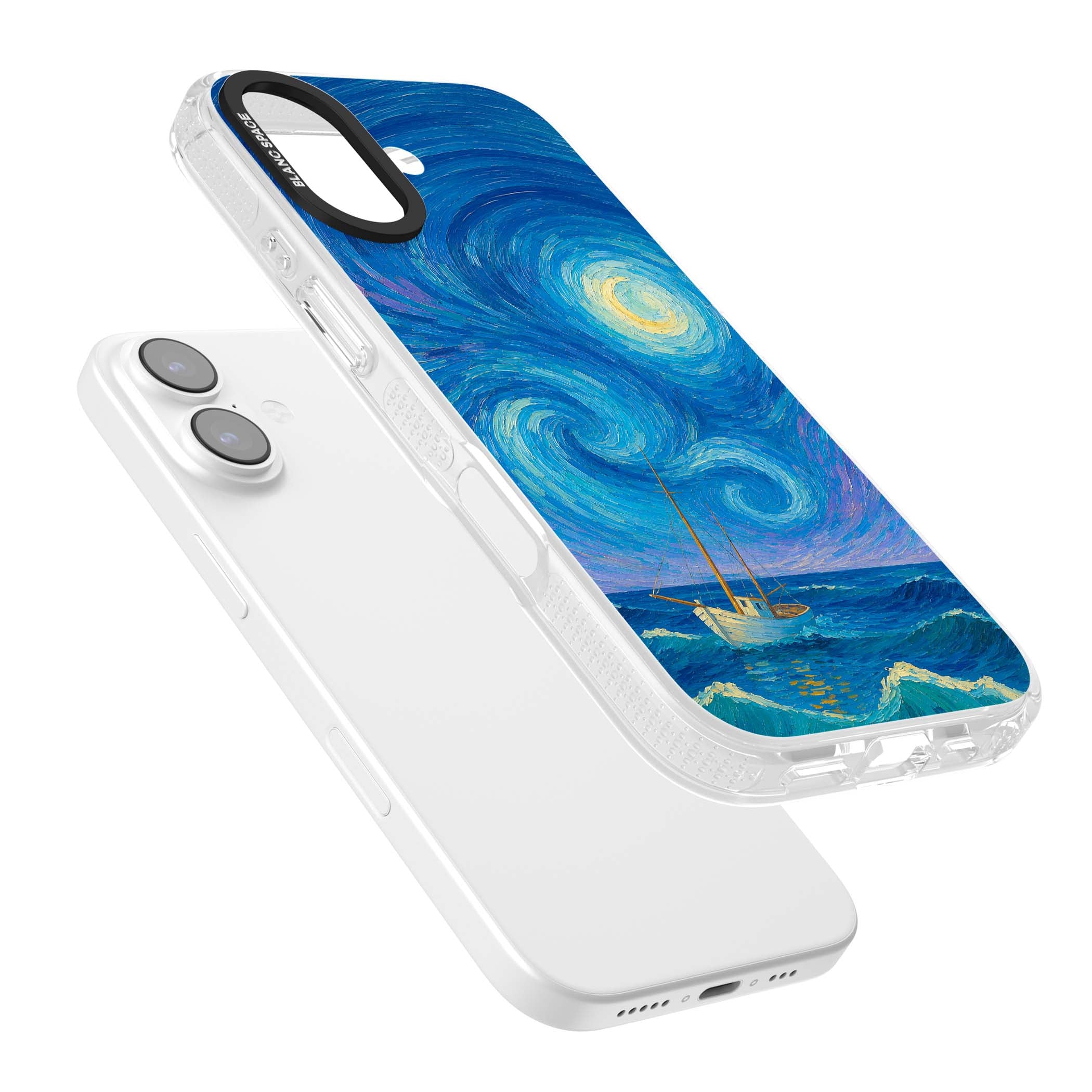 Moonlit Tide Van Gogh art iPhone case featuring swirling starry night sky, glowing moon and lone sailing boat at sea | Clear Case Impact Air case for iPhone 17