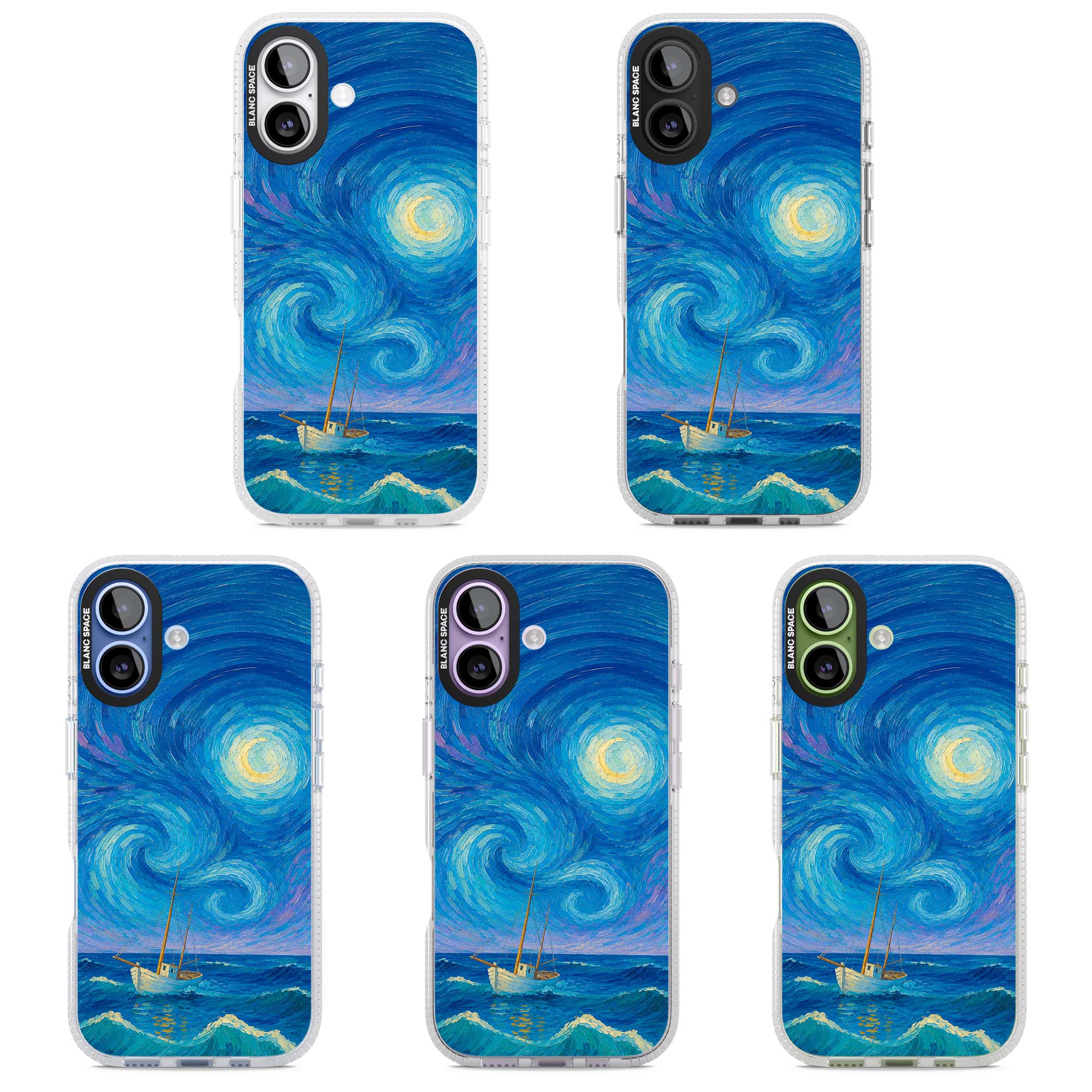 Moonlit Tide Van Gogh art iPhone case featuring swirling starry night sky, glowing moon and lone sailing boat at sea | Clear Case Impact Air case for iPhone 17