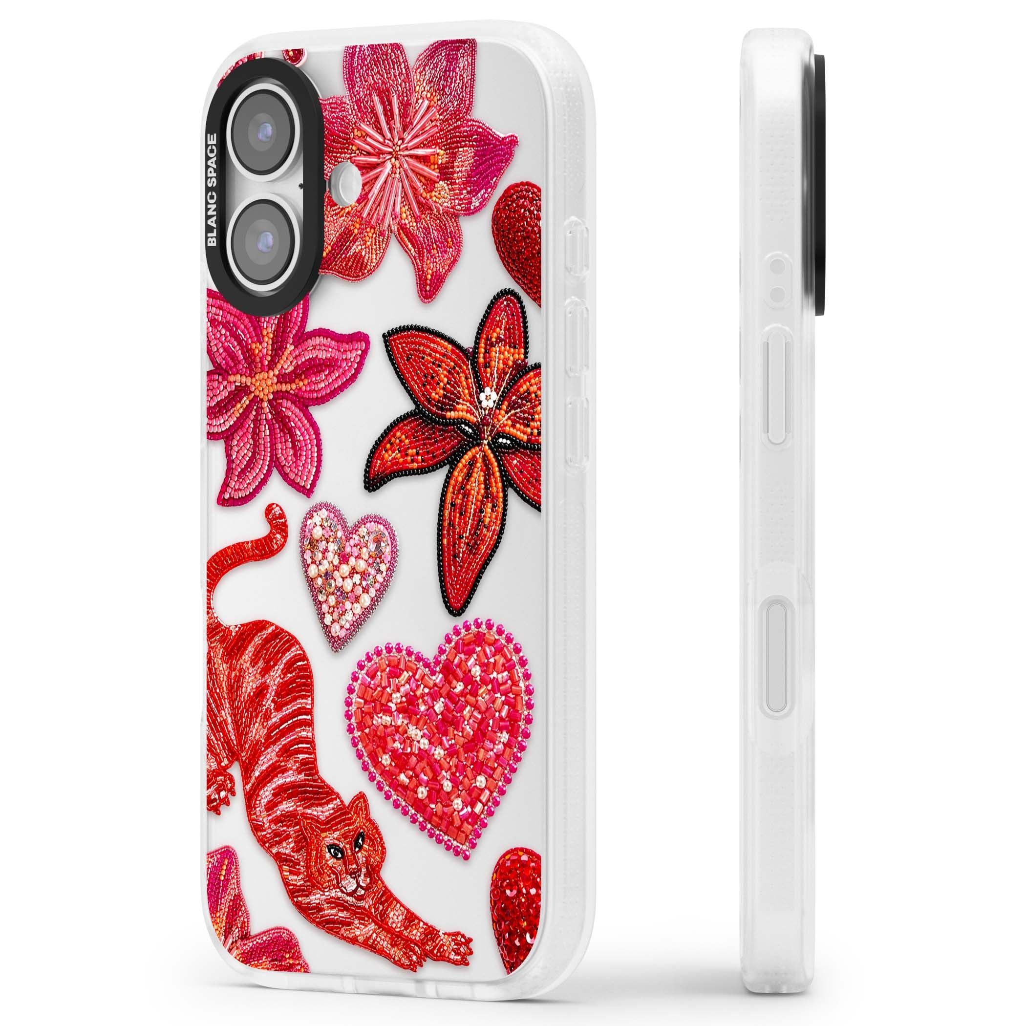Beaded Boho floral iPhone case featuring beaded red lilies, a stitched tiger, and pearl-encrusted hearts on clear | Clear Case Impact Air case for iPhone 17