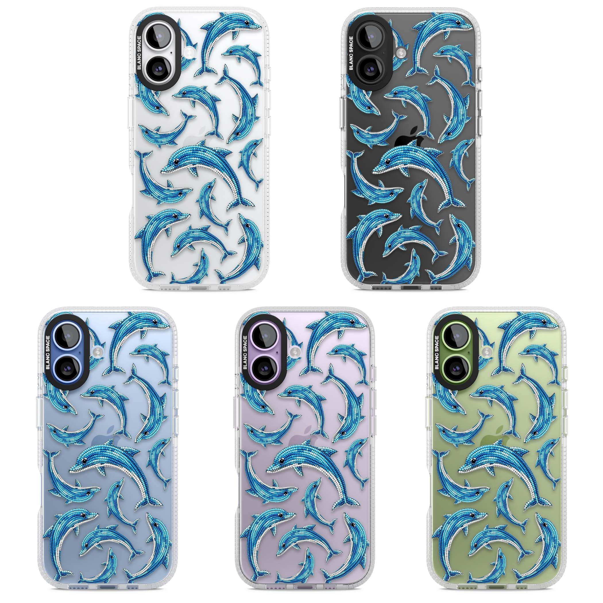 Beaded Dolphins coastal iPhone case featuring beaded dolphins in blue and white swimming across a clear background | Clear Case Impact Air case for iPhone 17