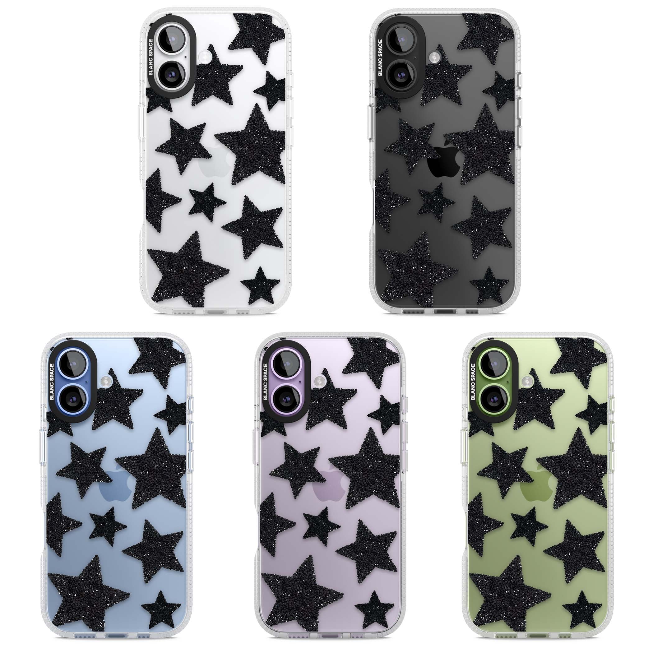 Beaded Black Stars celestial iPhone case featuring black glitter beaded stars scattered on a clear background | Clear Case Impact Air case for iPhone 17