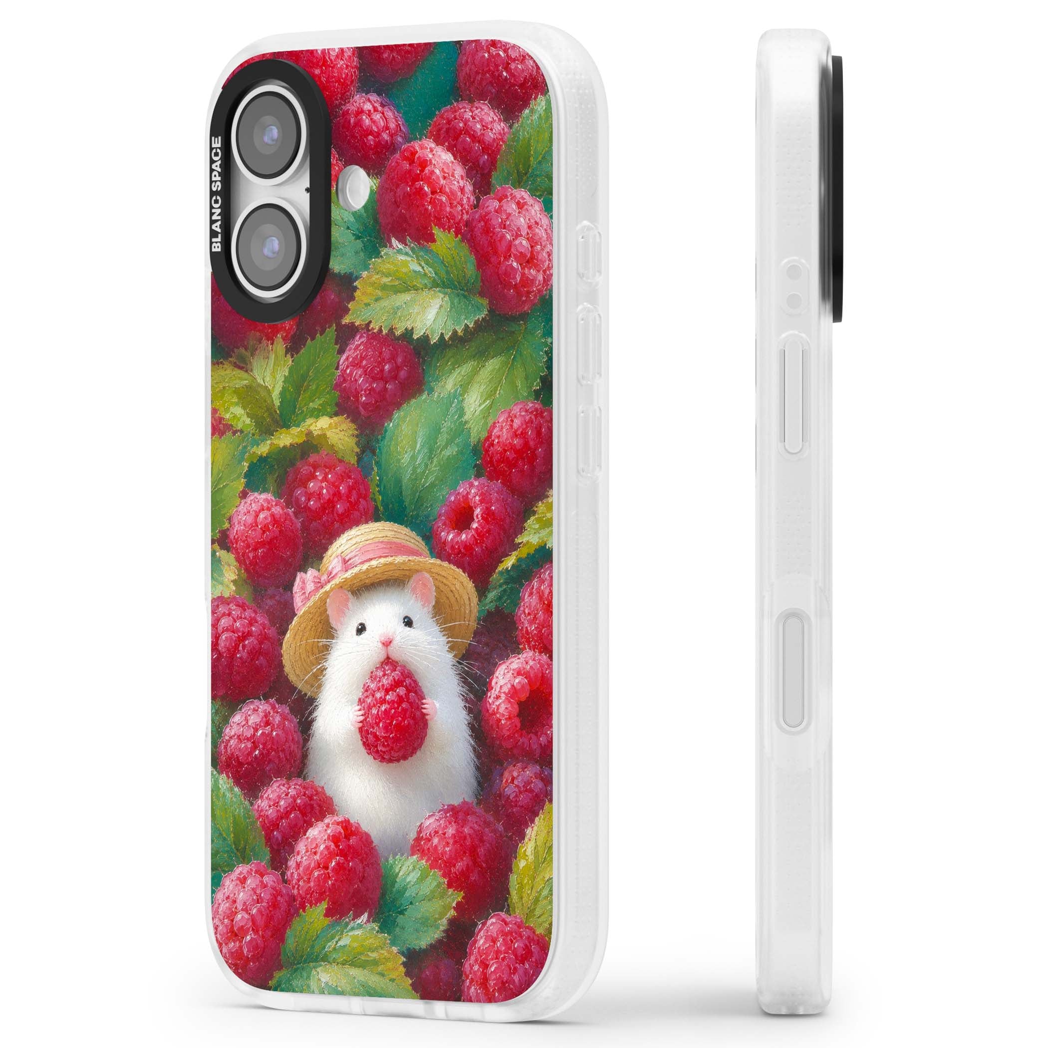 Berry Forager cottagecore iPhone case featuring a white hamster in a straw hat holding a raspberry surrounded by ripe ber | Clear Case Impact Air case for iPhone 17