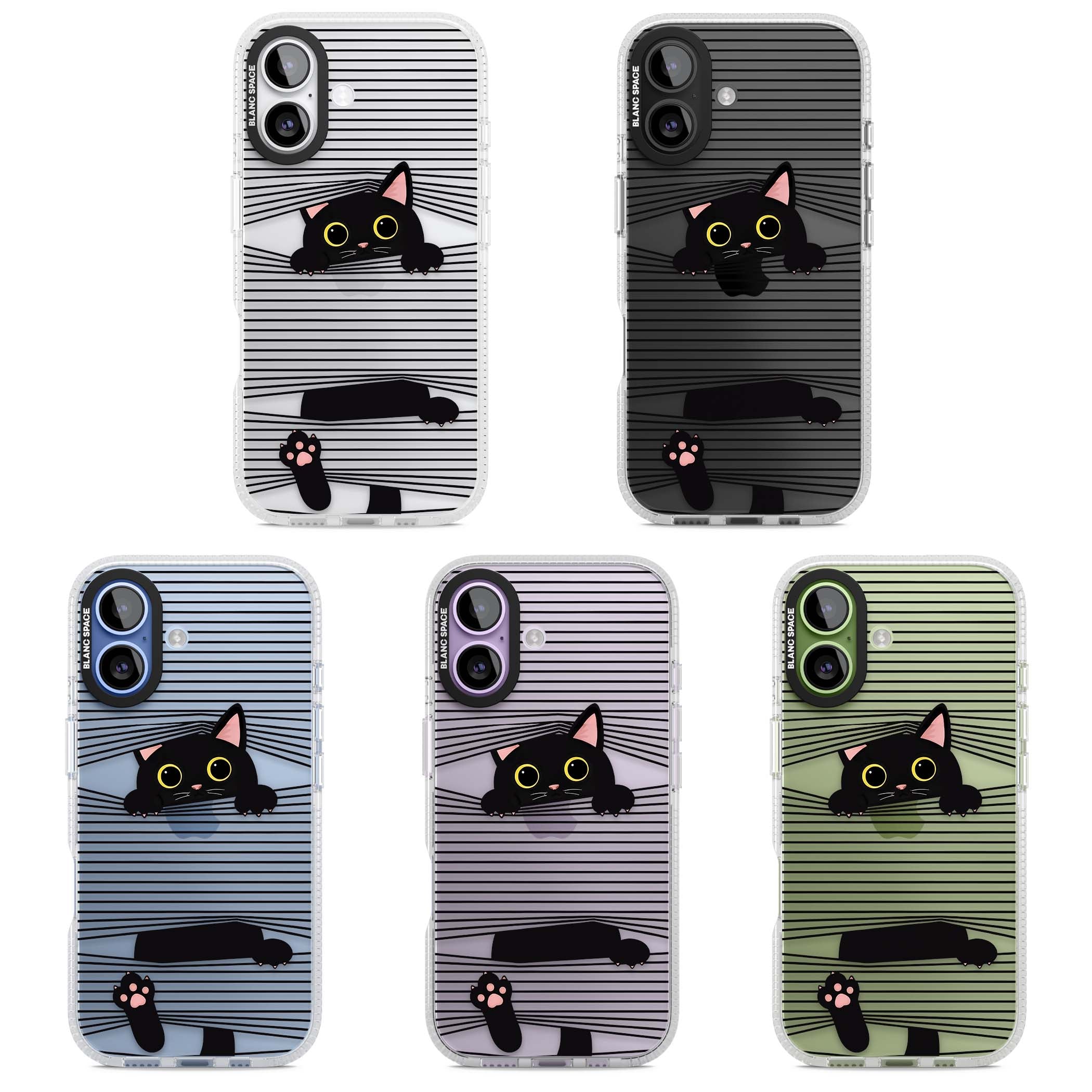 Peek-a-Boo Cat minimal iPhone case featuring black cat peeking through horizontal black and white stripes | Clear Case Impact Air case for iPhone 17
