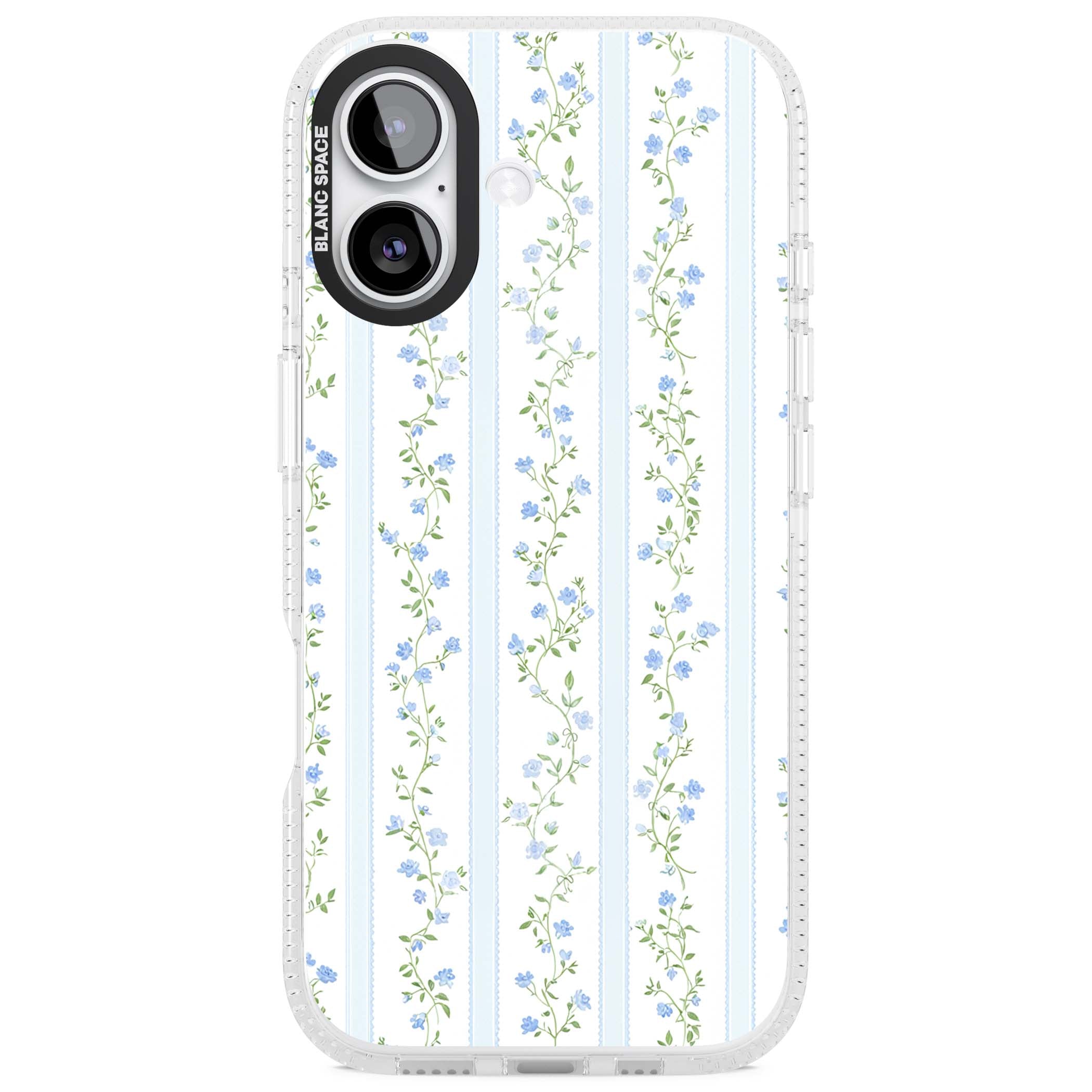 Bluebell Vine cottagecore iPhone case featuring climbing blue roses, trailing green vines, and pale ticking stripes | Clear Case Impact Air case for iPhone 17
