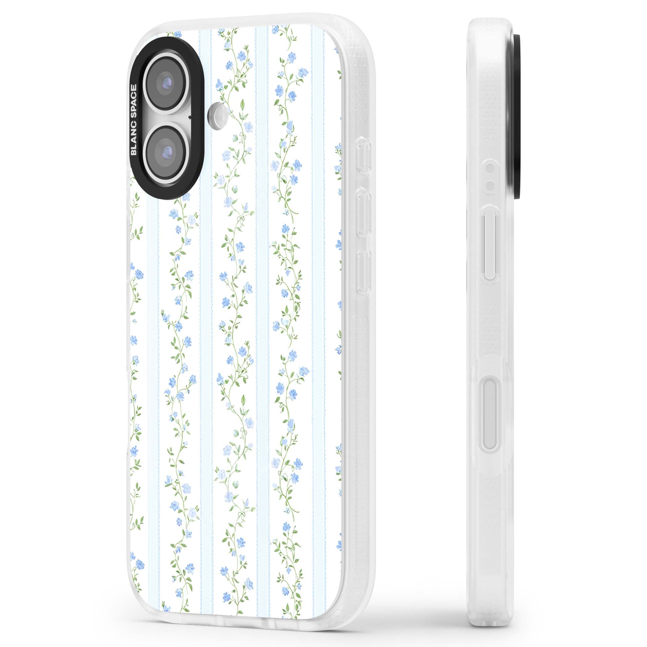 Bluebell Vine cottagecore iPhone case featuring climbing blue roses, trailing green vines, and pale ticking stripes | Clear Case Impact Air case for iPhone 17