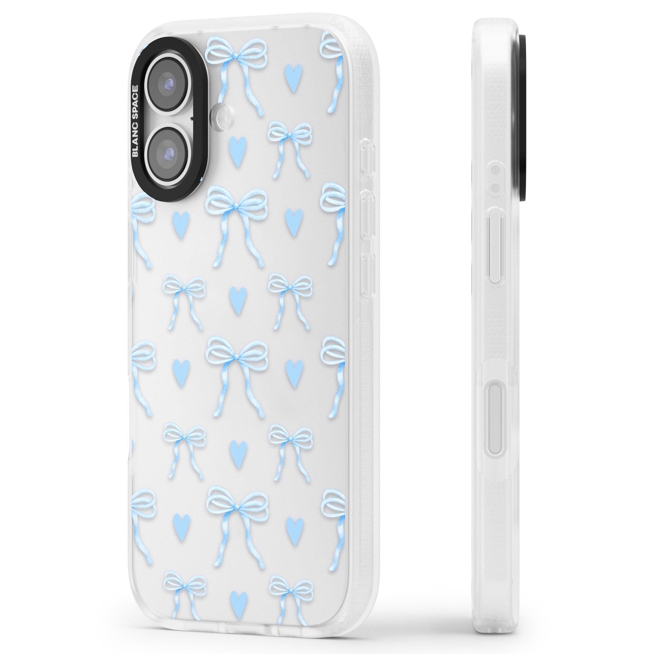 Blue Bows & Hearts iPhone 17 Impact Air Clear Phone Case Side Profile