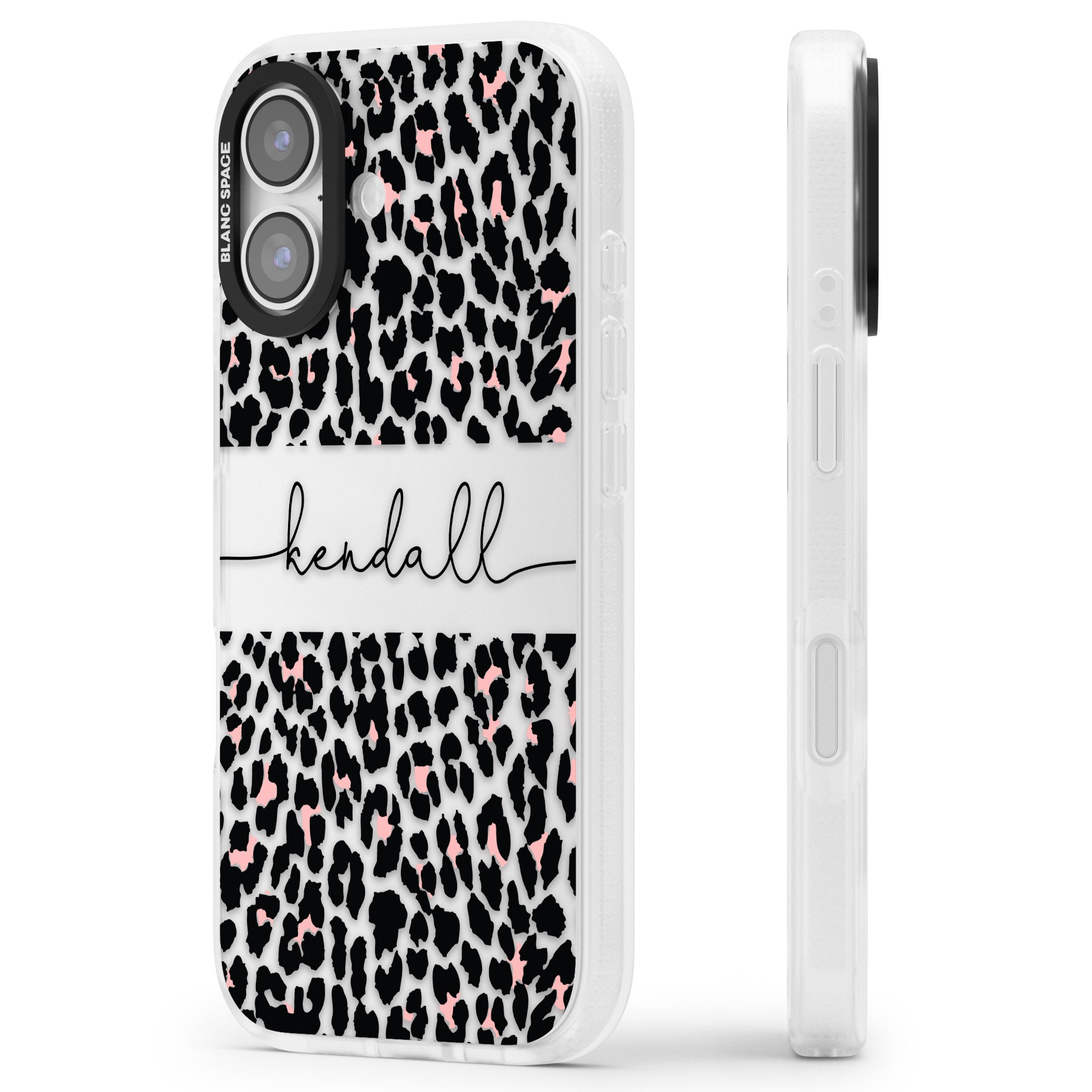 Personalised Cursive Leopard Spots iPhone 17 Impact Air Clear Phone Case Side Profile