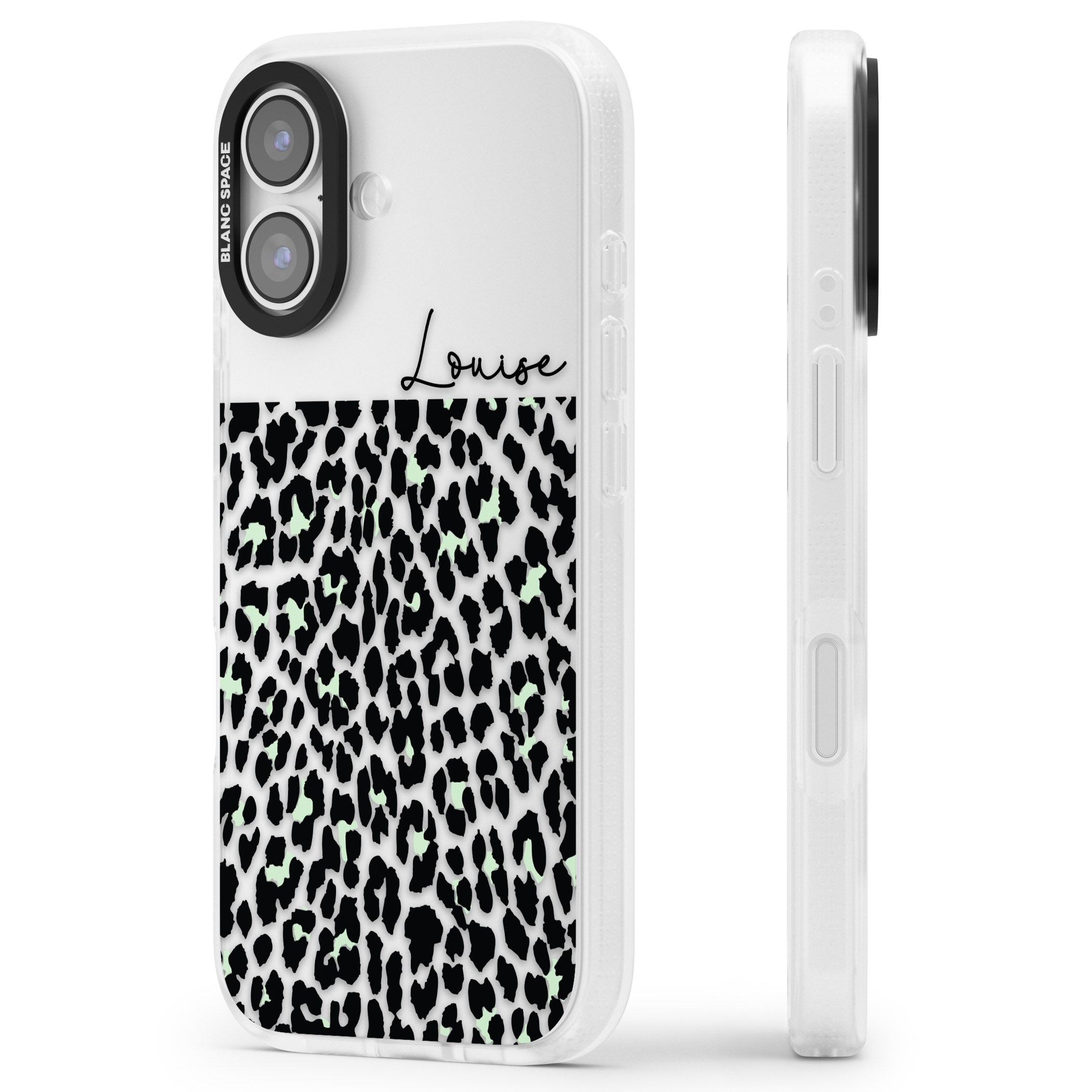 Personalised Seafoam Leopard iPhone 17 Impact Air Clear Phone Case Side Profile