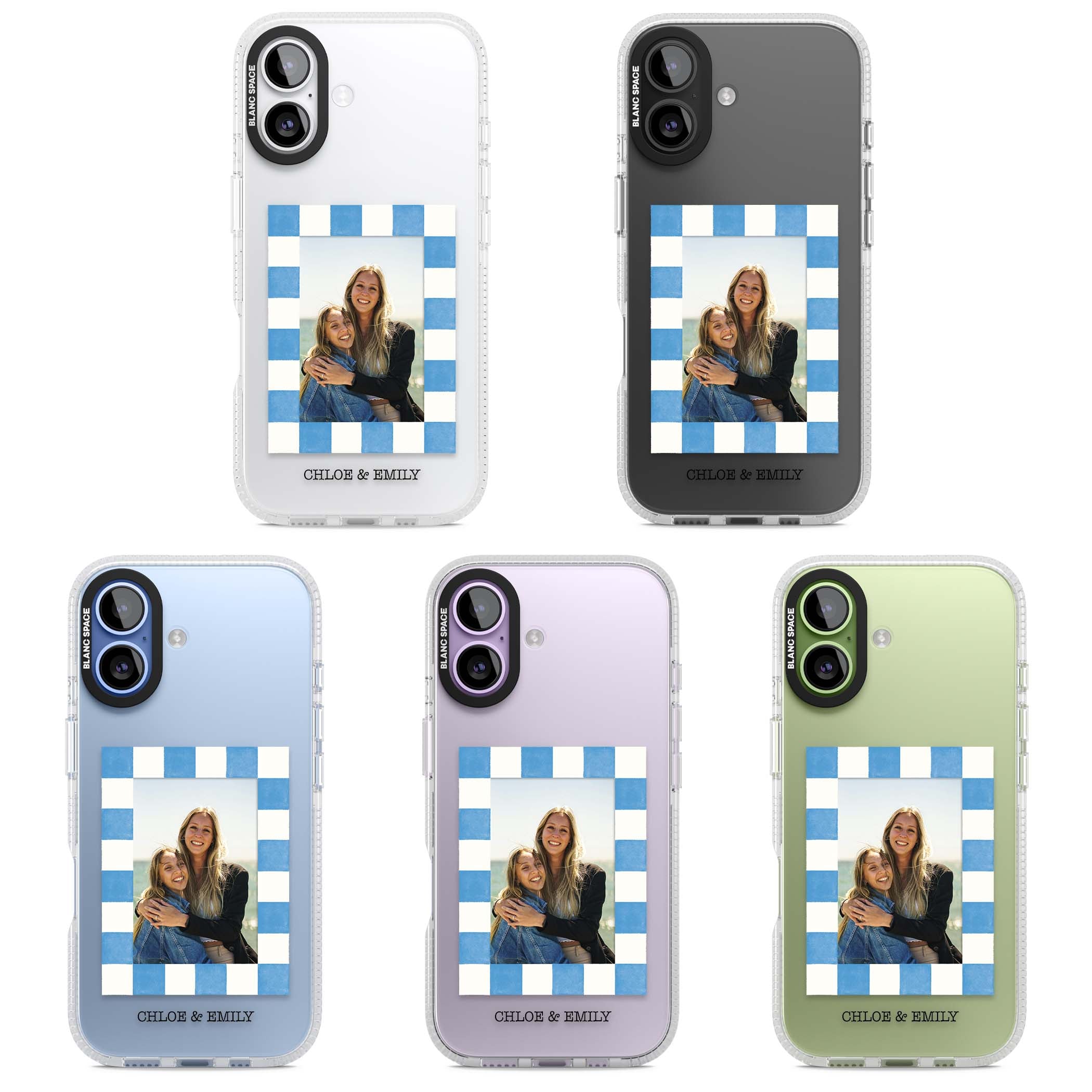 Blue Check Photo personalised photo iPhone case with blue checkered frame and custom couple names | Clear Case Impact Air case for iPhone 17