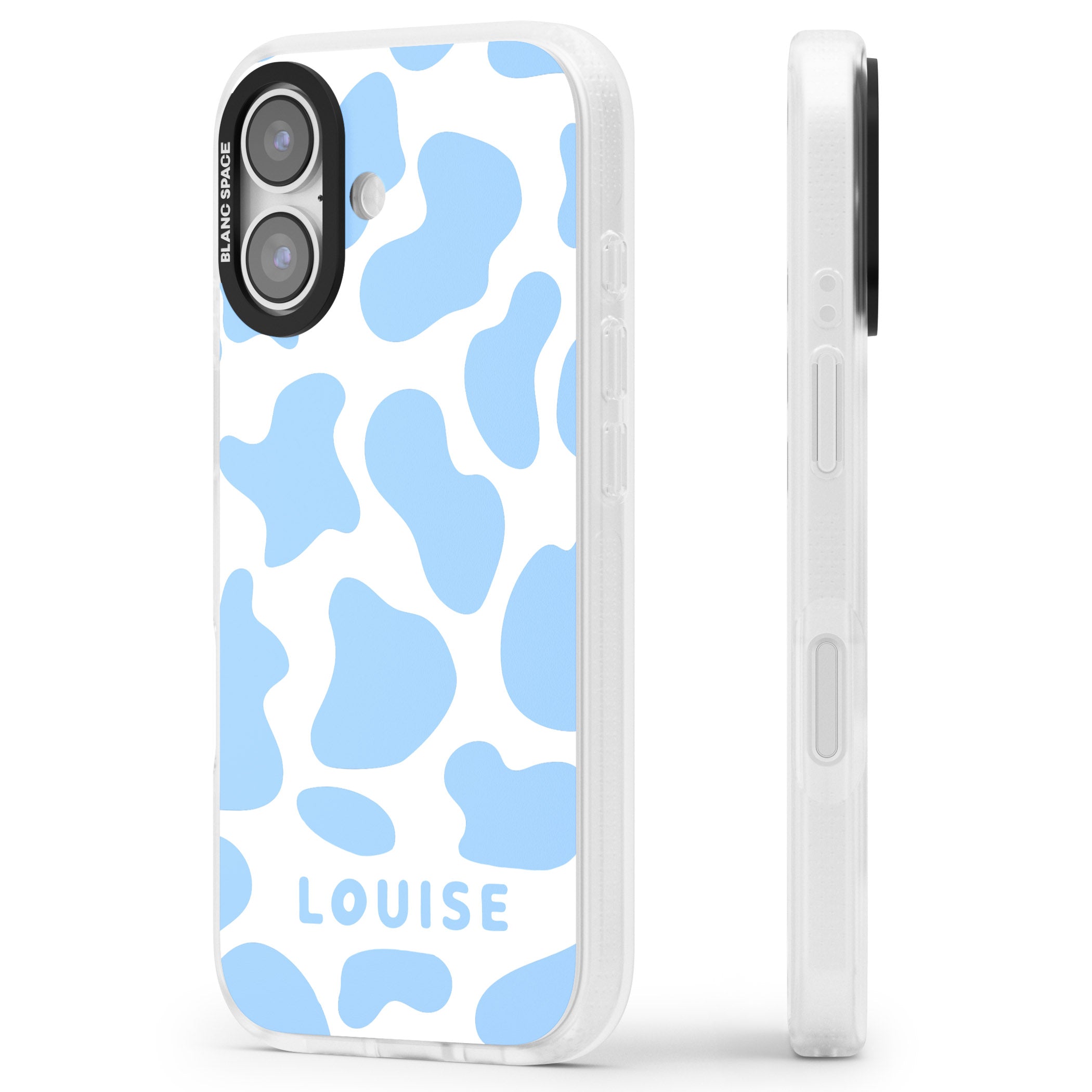 Personalised Blue And White Cow Print iPhone 17 Impact Air Clear Phone Case Side Profile
