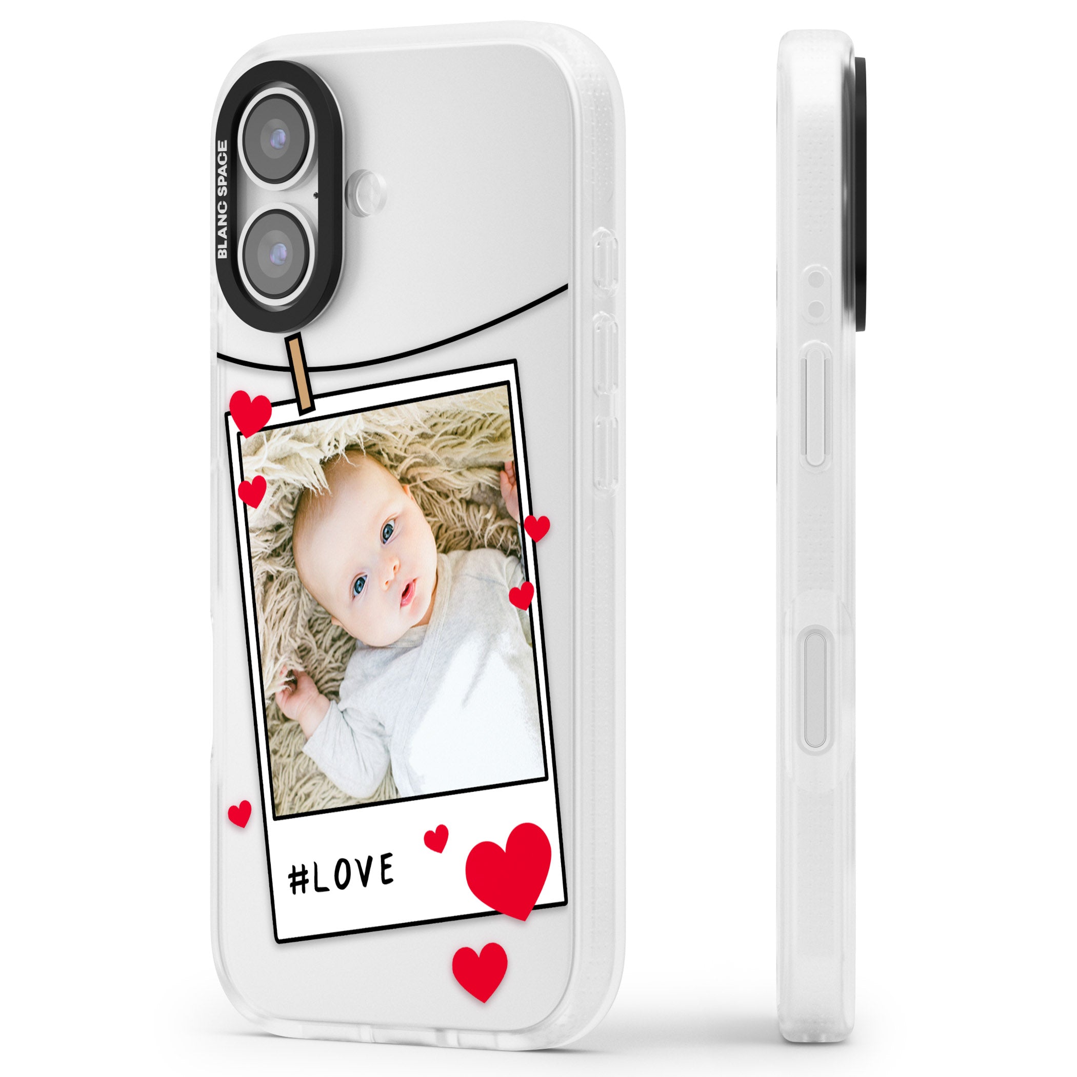 Personalised Paperclip & Hearts Instant Camera Photo iPhone 17 Impact Air Clear Phone Case Side Profile