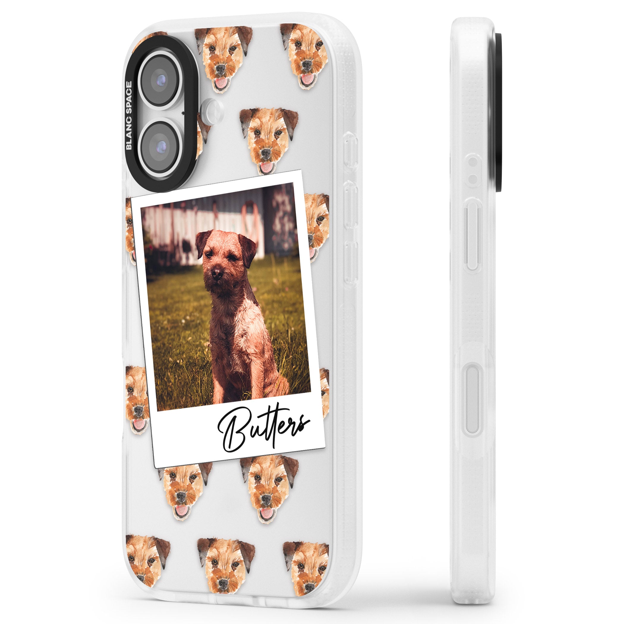 Personalised Border Terrier Instant Camera Photo iPhone 17 Impact Air Clear Phone Case Side Profile