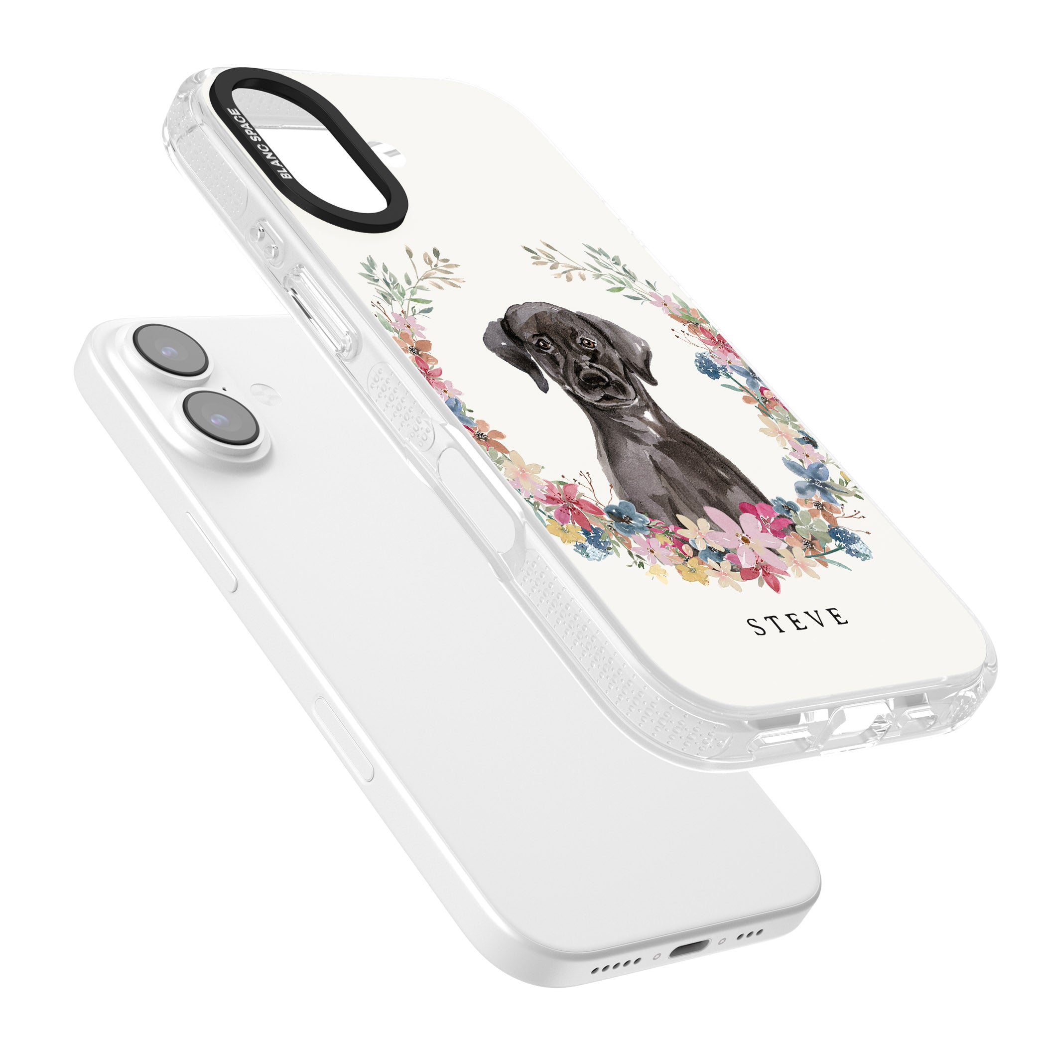 Personalised Black Labrador Floral Portrait iPhone 17 Impact Air Clear Phone Case Colours